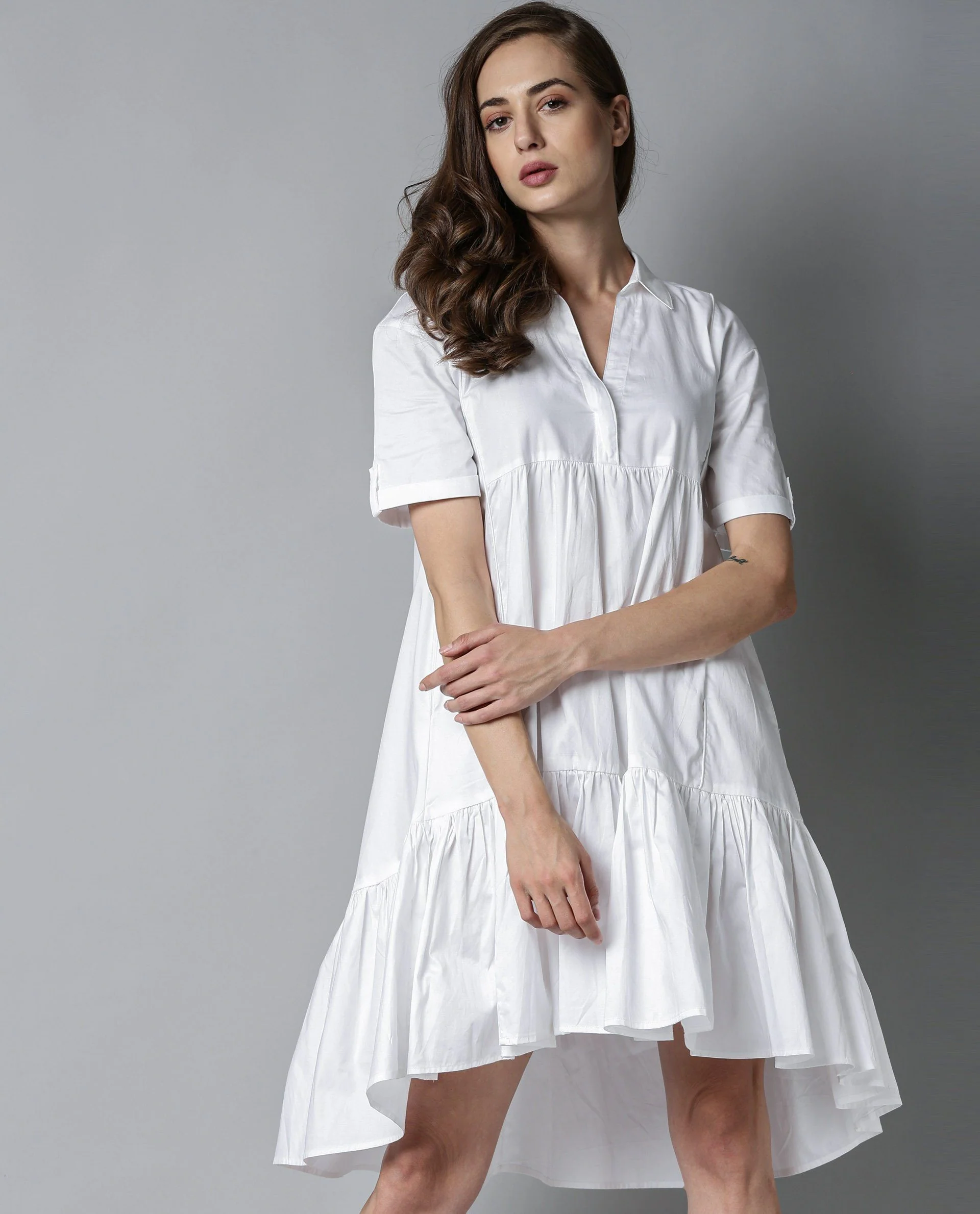 Rareism Women Senure White Dress Short Sleeves Solid