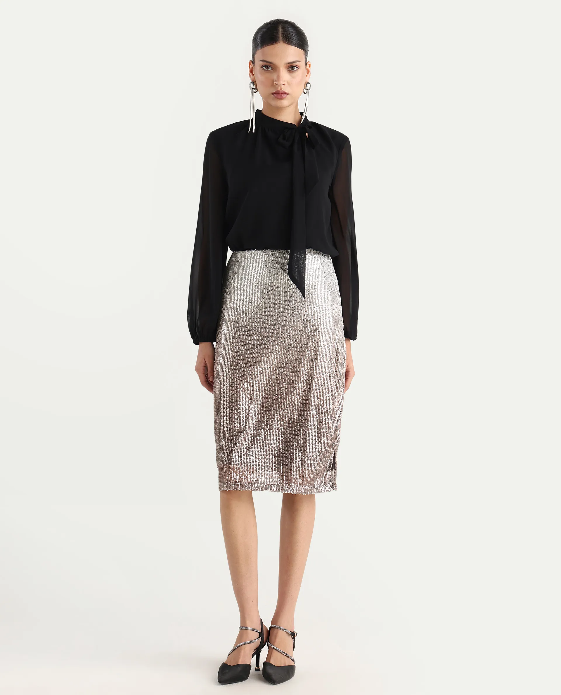 Rareism Women's Seoul Metallic Gold Plain Knee Length Fitted Skirt - Image 4