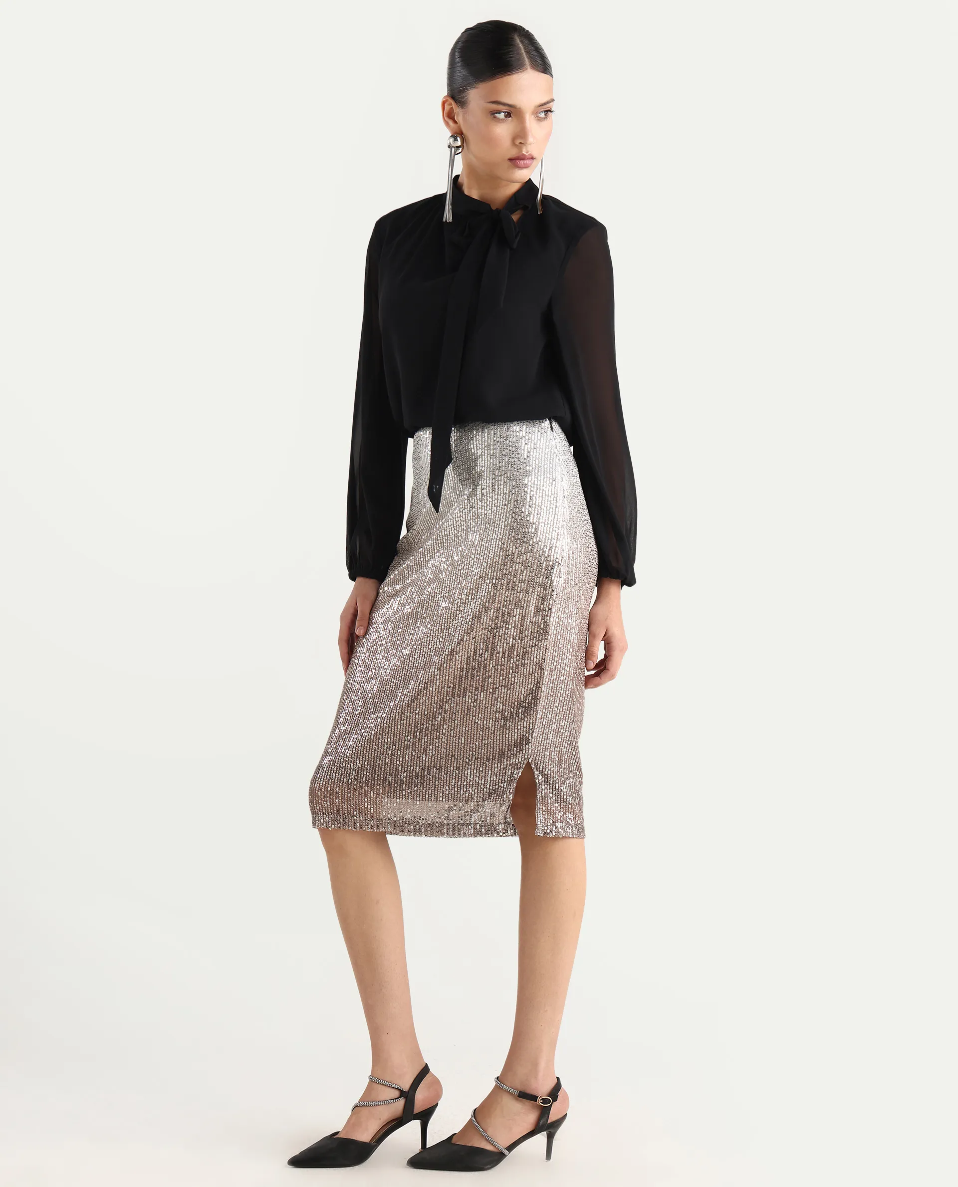 Rareism Women's Seoul Metallic Gold Plain Knee Length Fitted Skirt - Image 8