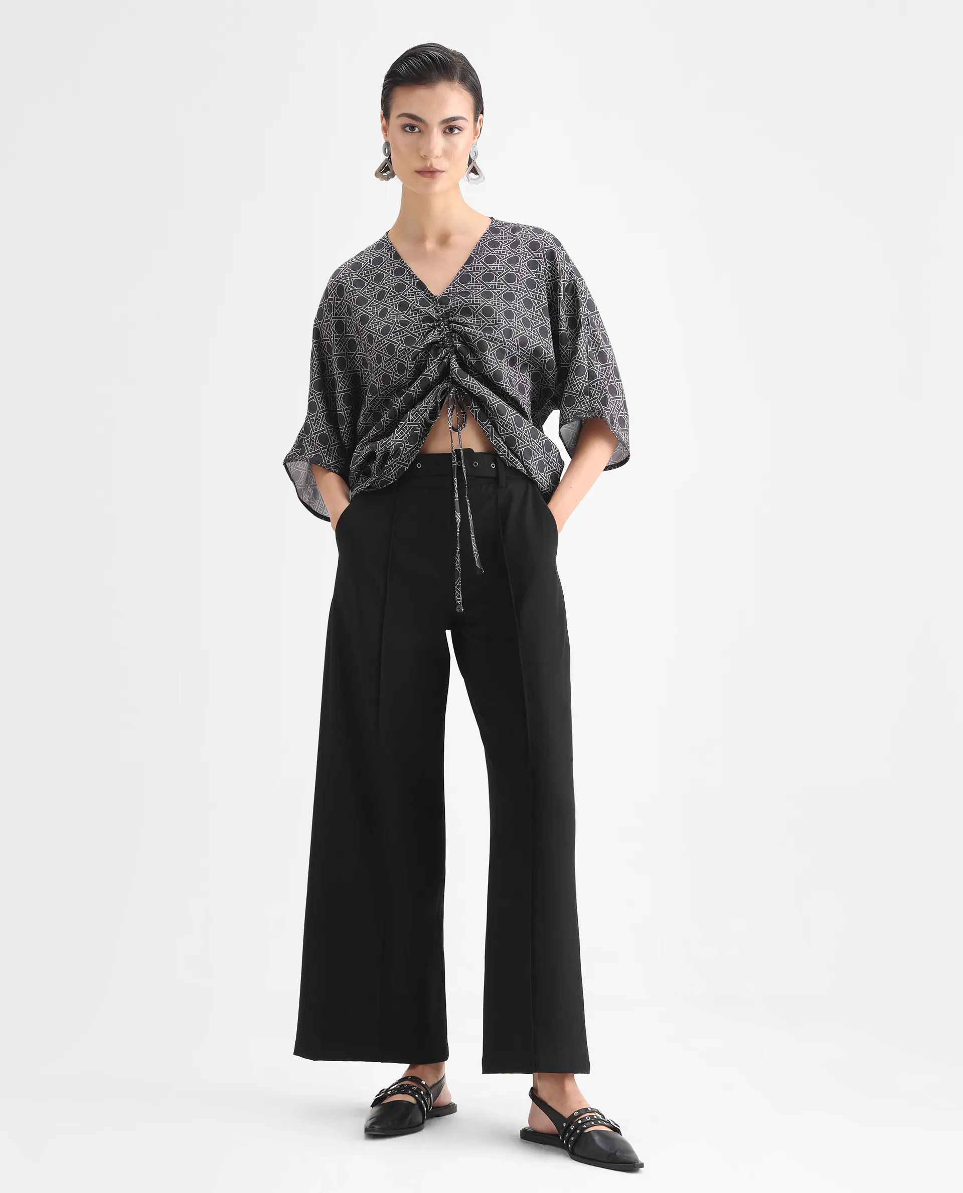 Rareism Women's Sepia Dark Black Polyester V-Neck Geometric Print Extended Sleeves Regular Fit Top - Image 2