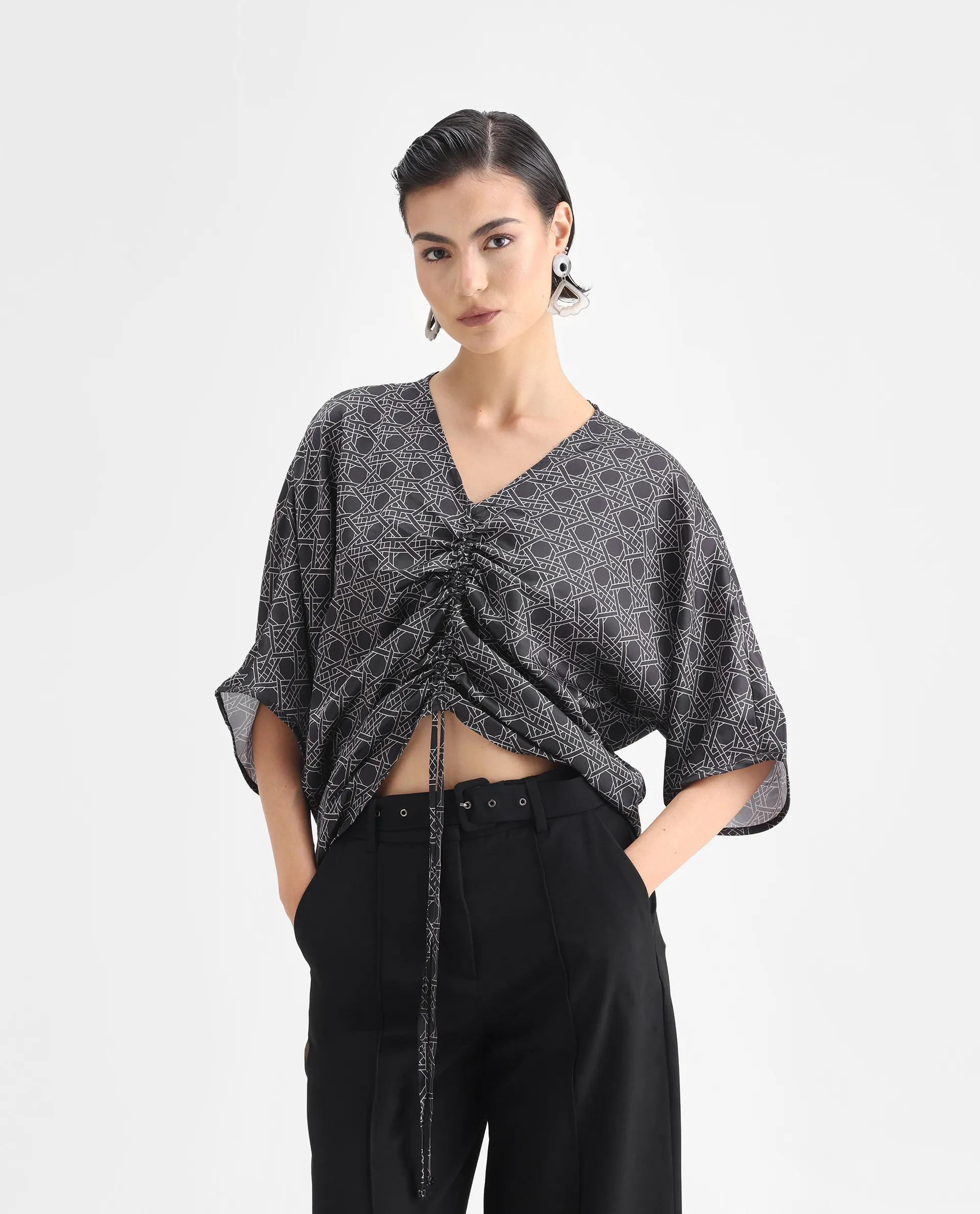 Rareism Women's Sepia Dark Black Polyester V-Neck Geometric Print Extended Sleeves Regular Fit Top - Image 3