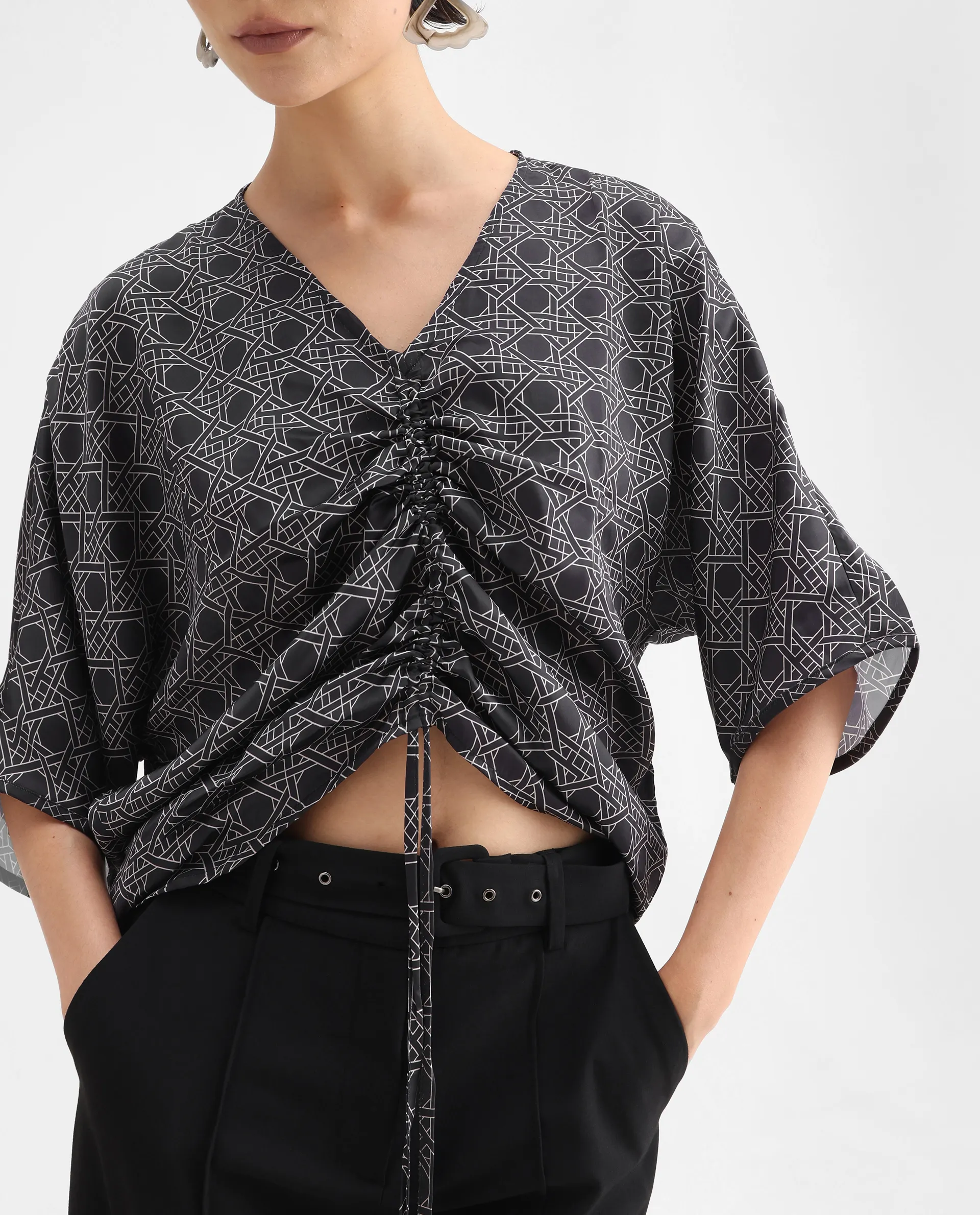 Rareism Women's Sepia Dark Black Polyester V-Neck Geometric Print Extended Sleeves Regular Fit Top - Image 4