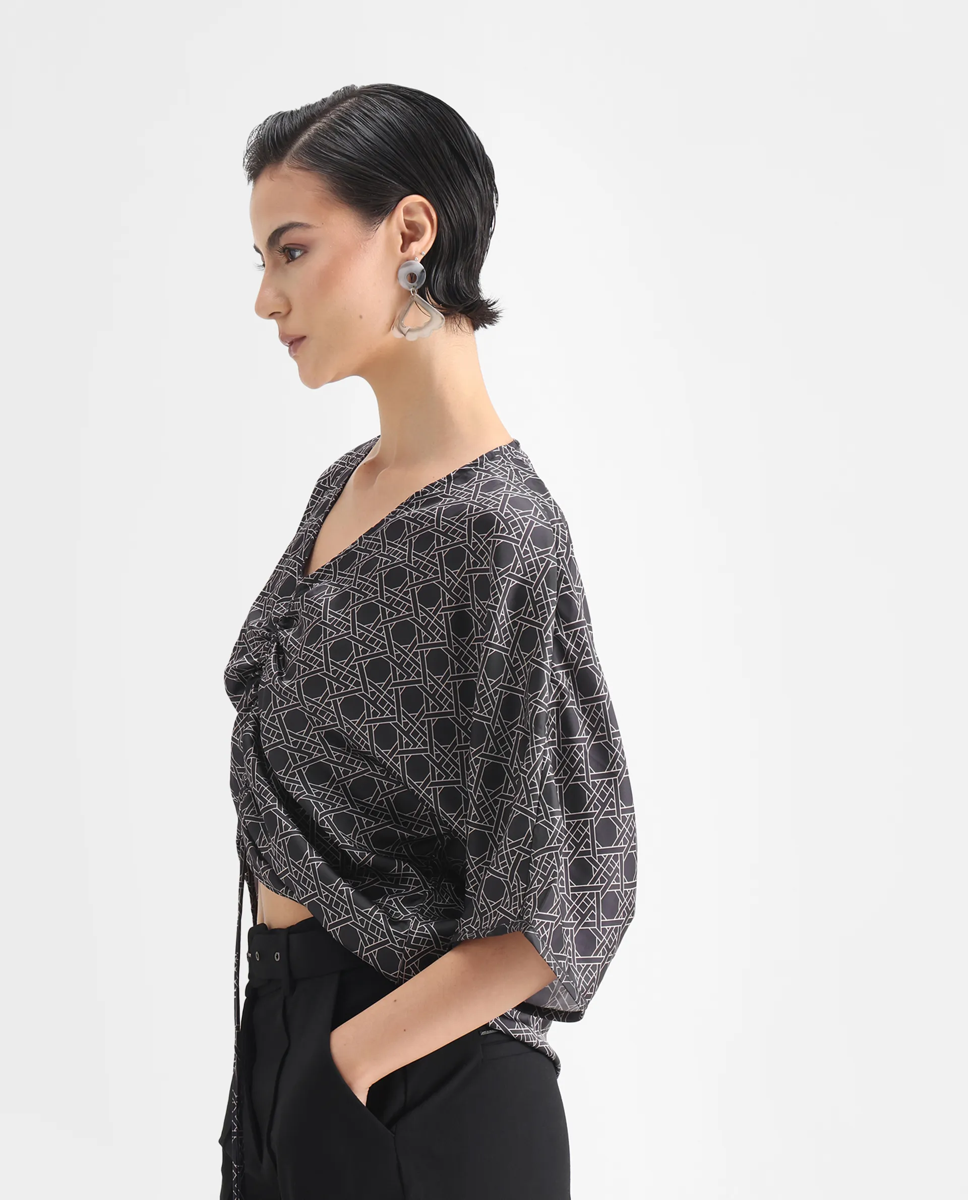 Rareism Women's Sepia Dark Black Polyester V-Neck Geometric Print Extended Sleeves Regular Fit Top - Image 5