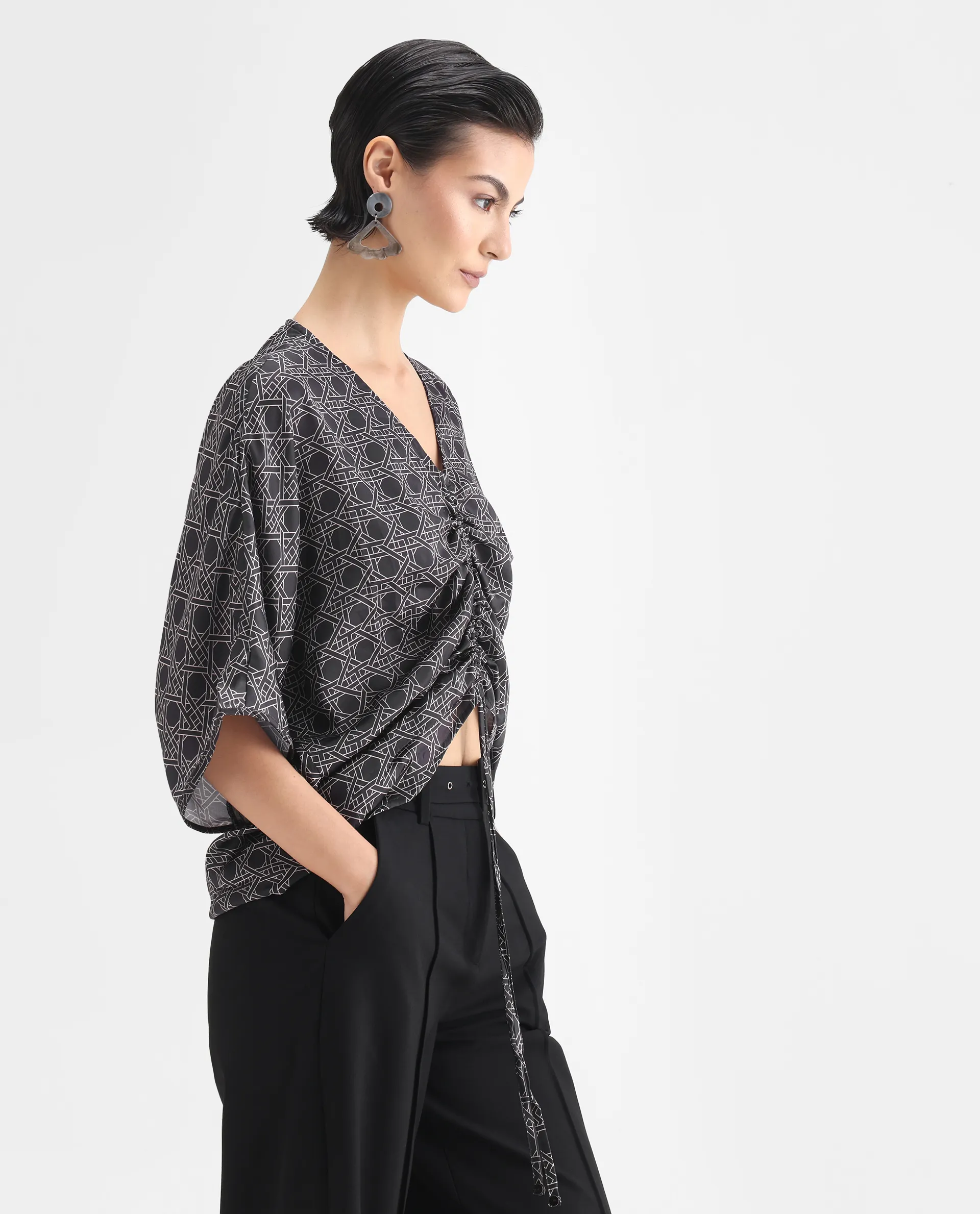 Rareism Women's Sepia Dark Black Polyester V-Neck Geometric Print Extended Sleeves Regular Fit Top - Image 6