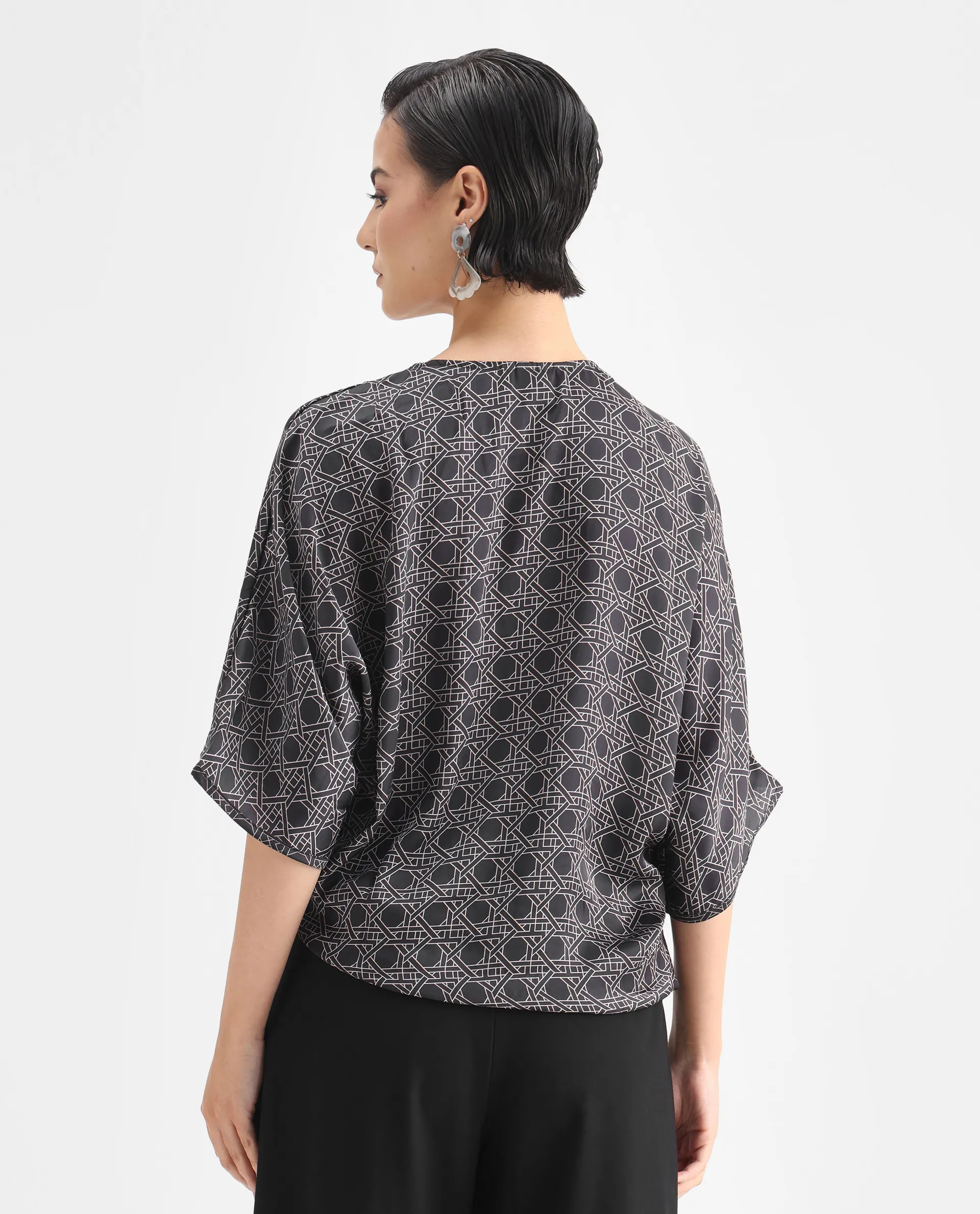 Rareism Women's Sepia Dark Black Polyester V-Neck Geometric Print Extended Sleeves Regular Fit Top - Image 7