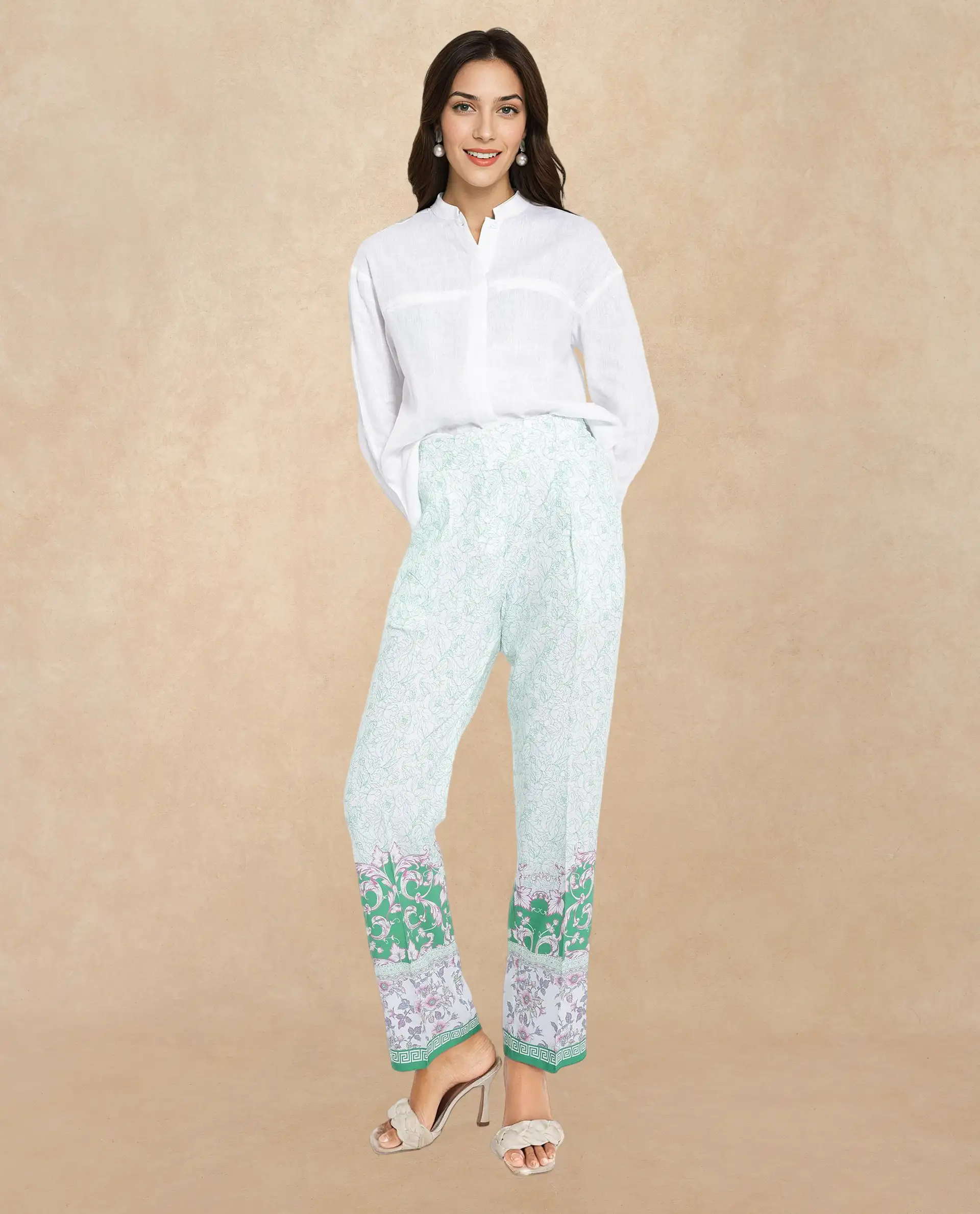 Rareism Women's Sepio-B Light Green Viscose Abstract Print Ankle Length Straight Fit Trouser