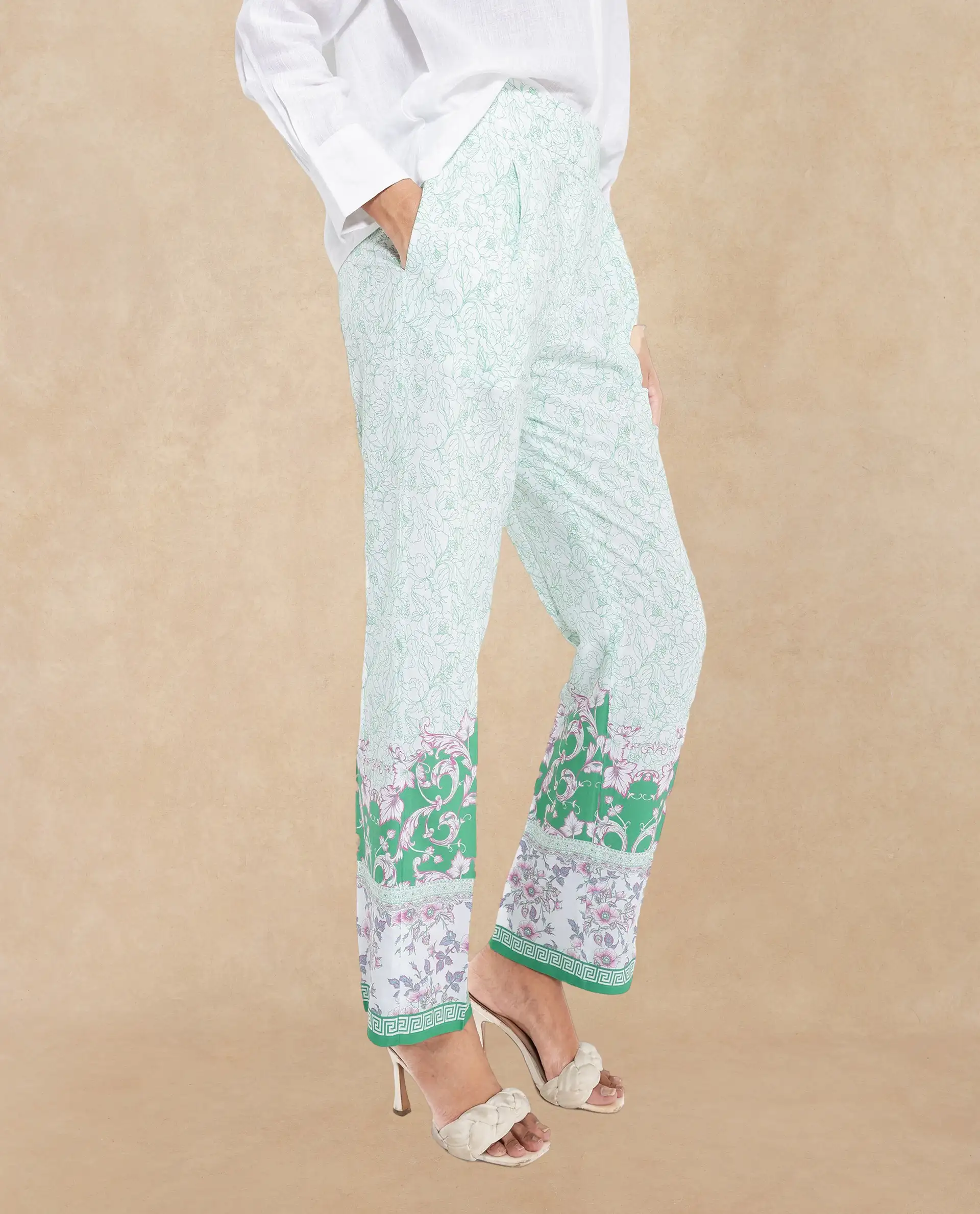 Rareism Women's Sepio-B Light Green Viscose Abstract Print Ankle Length Straight Fit Trouser - Image 4