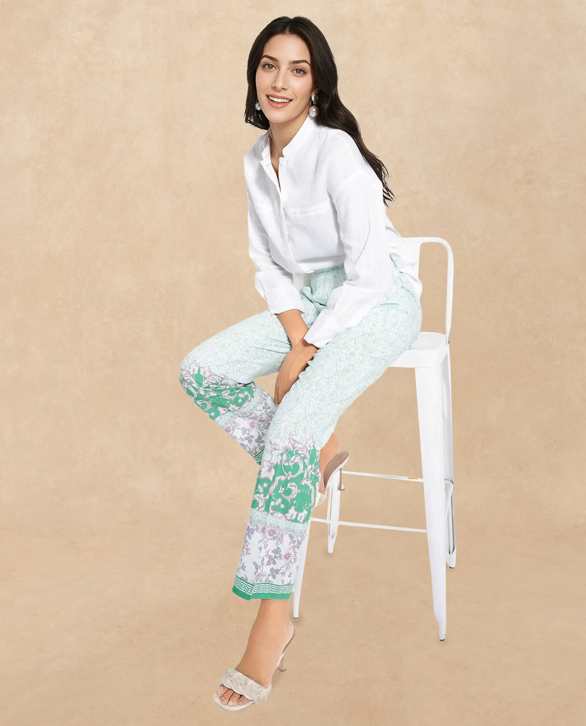 Rareism Women's Sepio-B Light Green Viscose Abstract Print Ankle Length Straight Fit Trouser - Image 7
