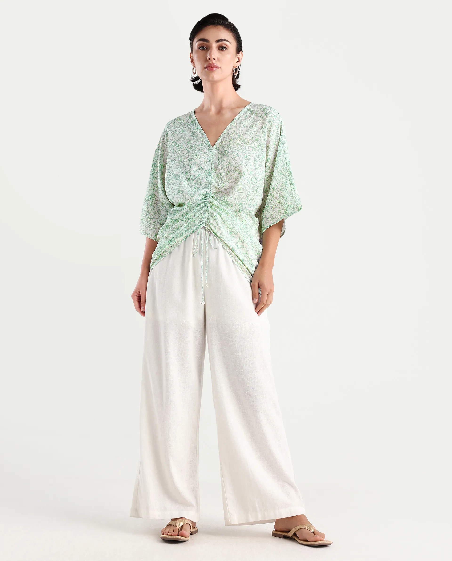 Rareism Women's Sepio-T Light Green Viscose V-Neck Floral Print Extended Sleeves Relaxed Fit Top - Image 2