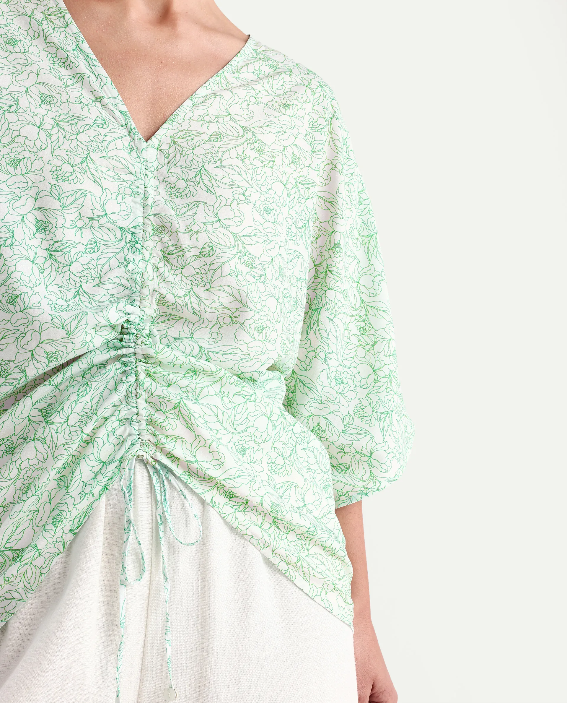 Rareism Women's Sepio-T Light Green Viscose V-Neck Floral Print Extended Sleeves Relaxed Fit Top - Image 4