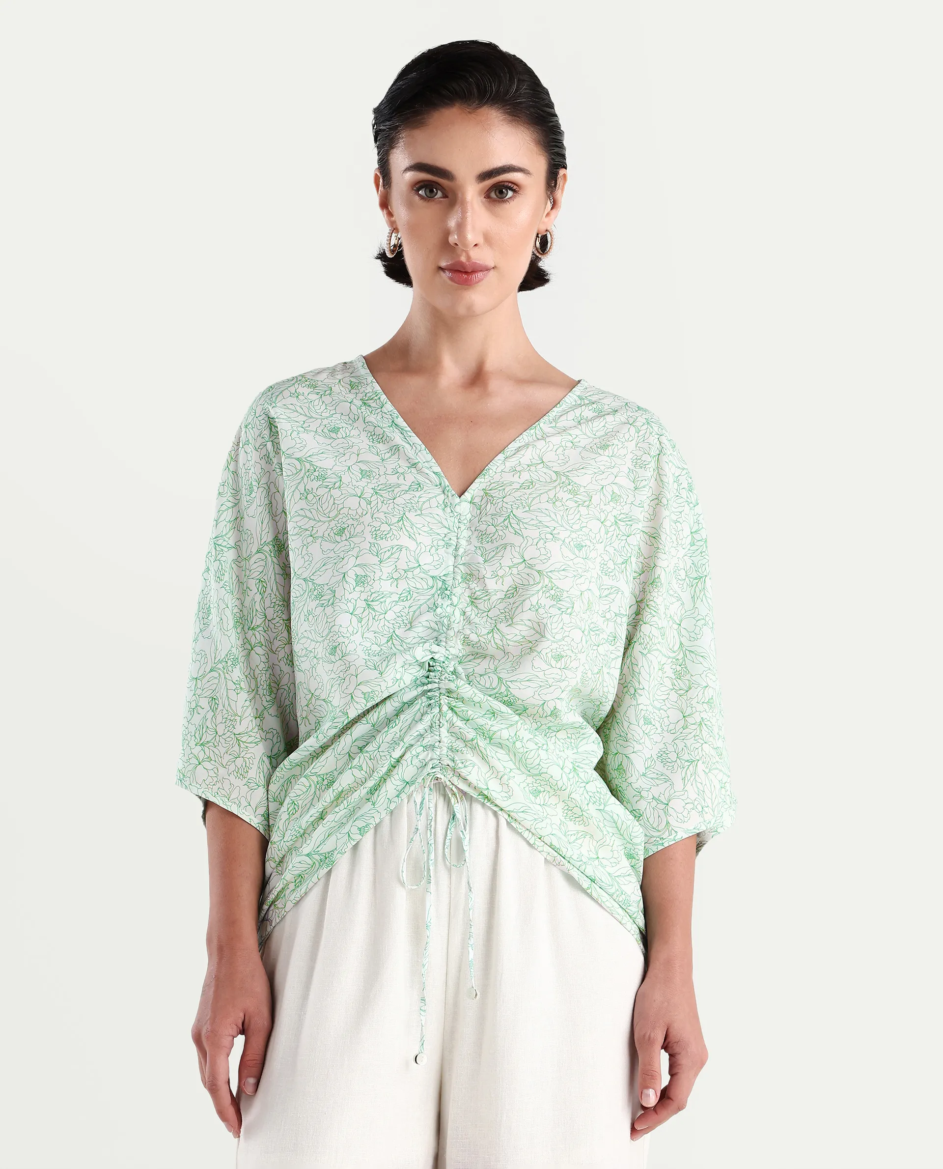 Rareism Women's Sepio-T Light Green Viscose V-Neck Floral Print Extended Sleeves Relaxed Fit Top - Image 5