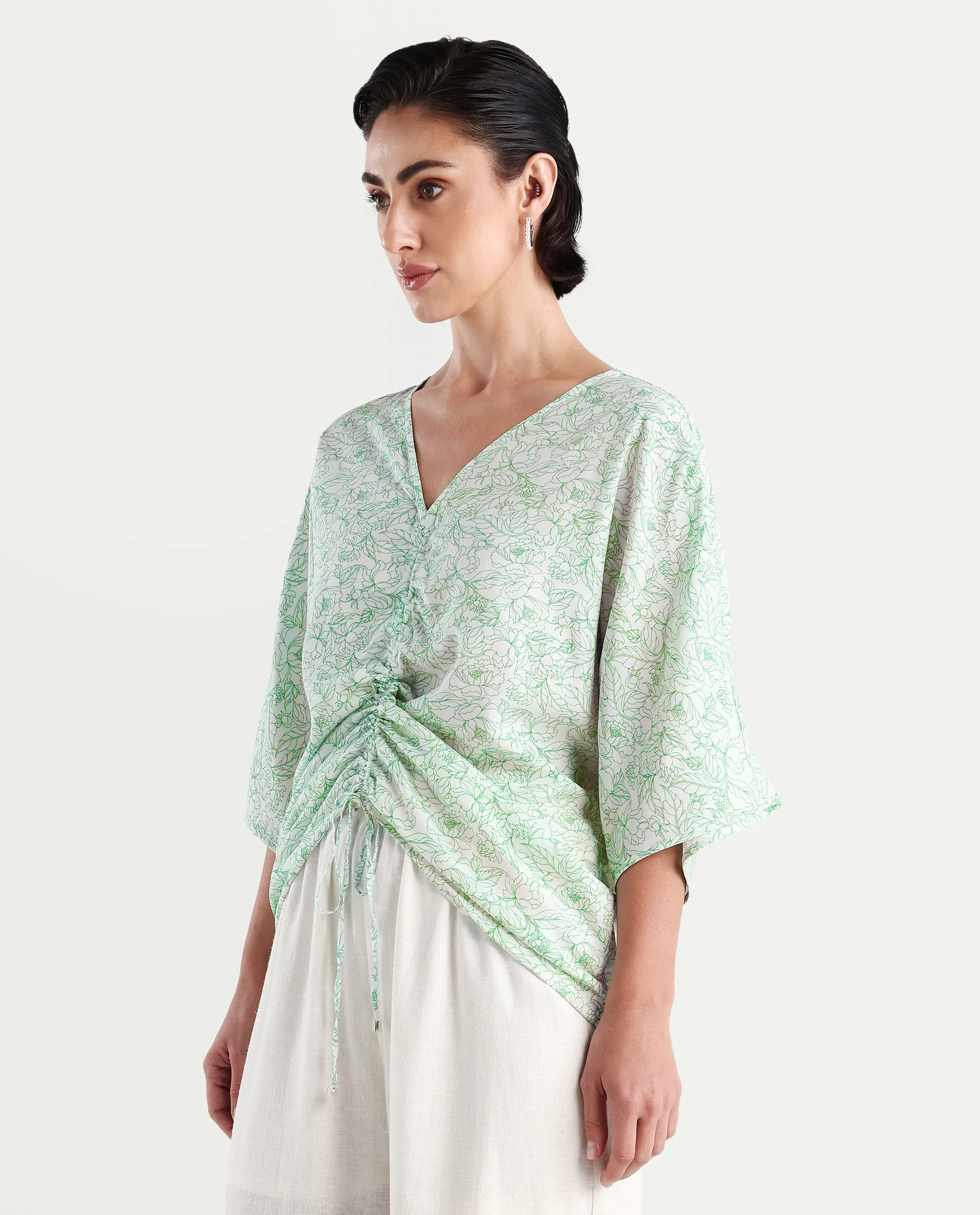 Rareism Women's Sepio-T Light Green Viscose V-Neck Floral Print Extended Sleeves Relaxed Fit Top - Image 6