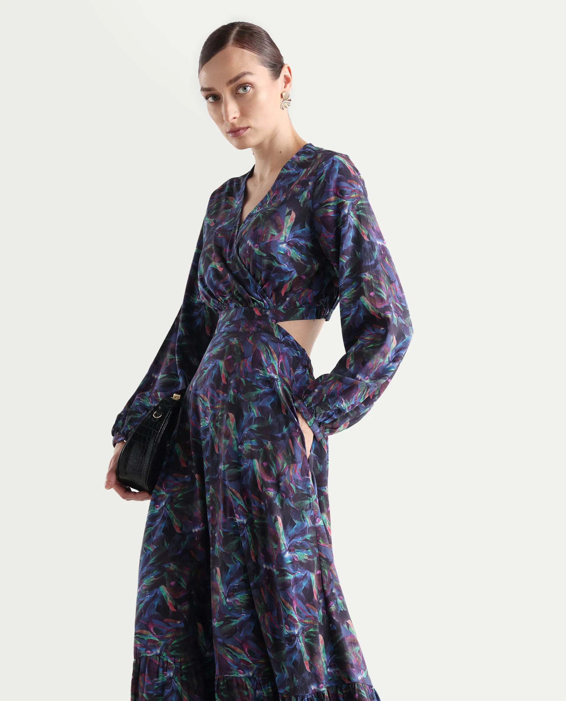 Rareism Women's Seppo Dark Multi Viscose Overlap Neck Abstract Print Bishop Sleeve Maxi Fit And Flare Dress - Image 2