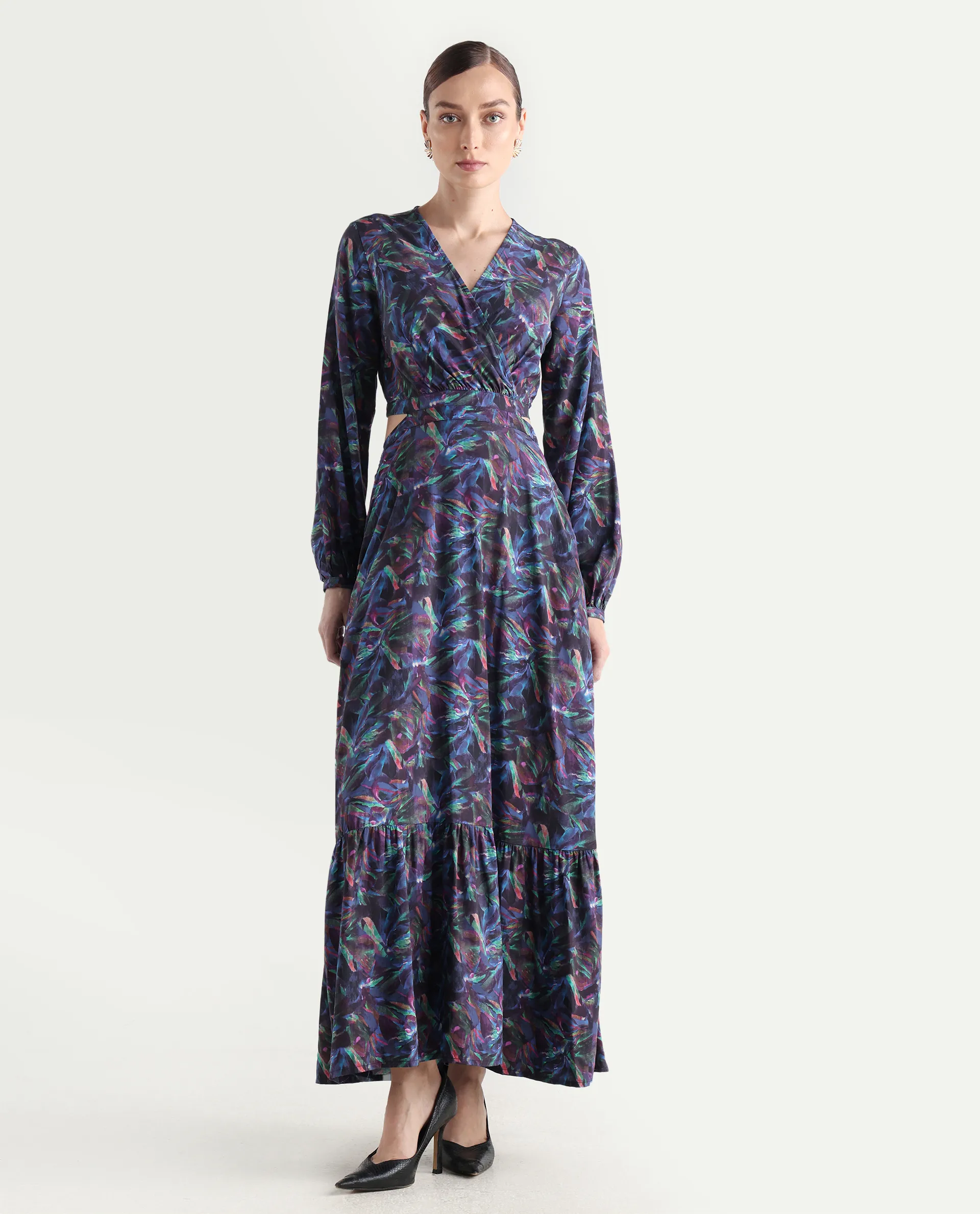 Rareism Women's Seppo Dark Multi Viscose Overlap Neck Abstract Print Bishop Sleeve Maxi Fit And Flare Dress - Image 3