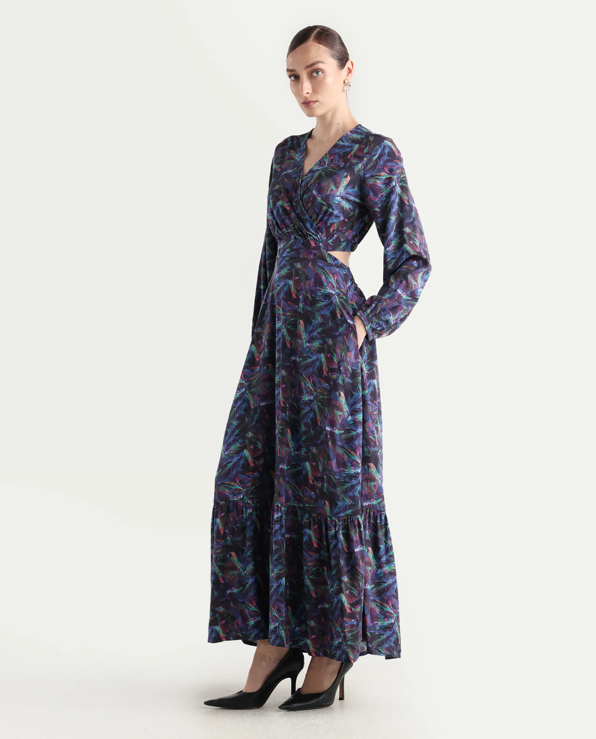 Rareism Women's Seppo Dark Multi Viscose Overlap Neck Abstract Print Bishop Sleeve Maxi Fit And Flare Dress - Image 6