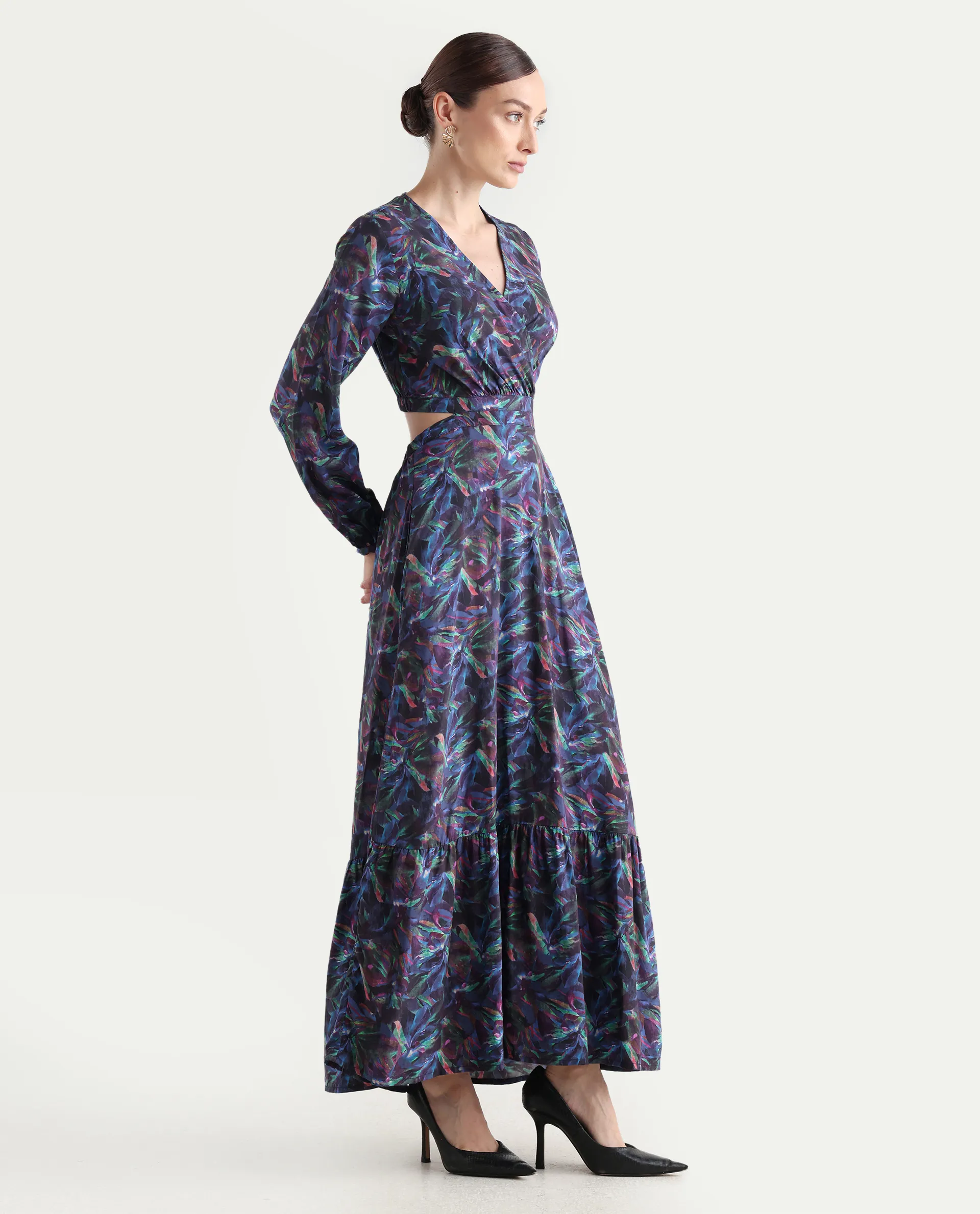 Rareism Women's Seppo Dark Multi Viscose Overlap Neck Abstract Print Bishop Sleeve Maxi Fit And Flare Dress - Image 7