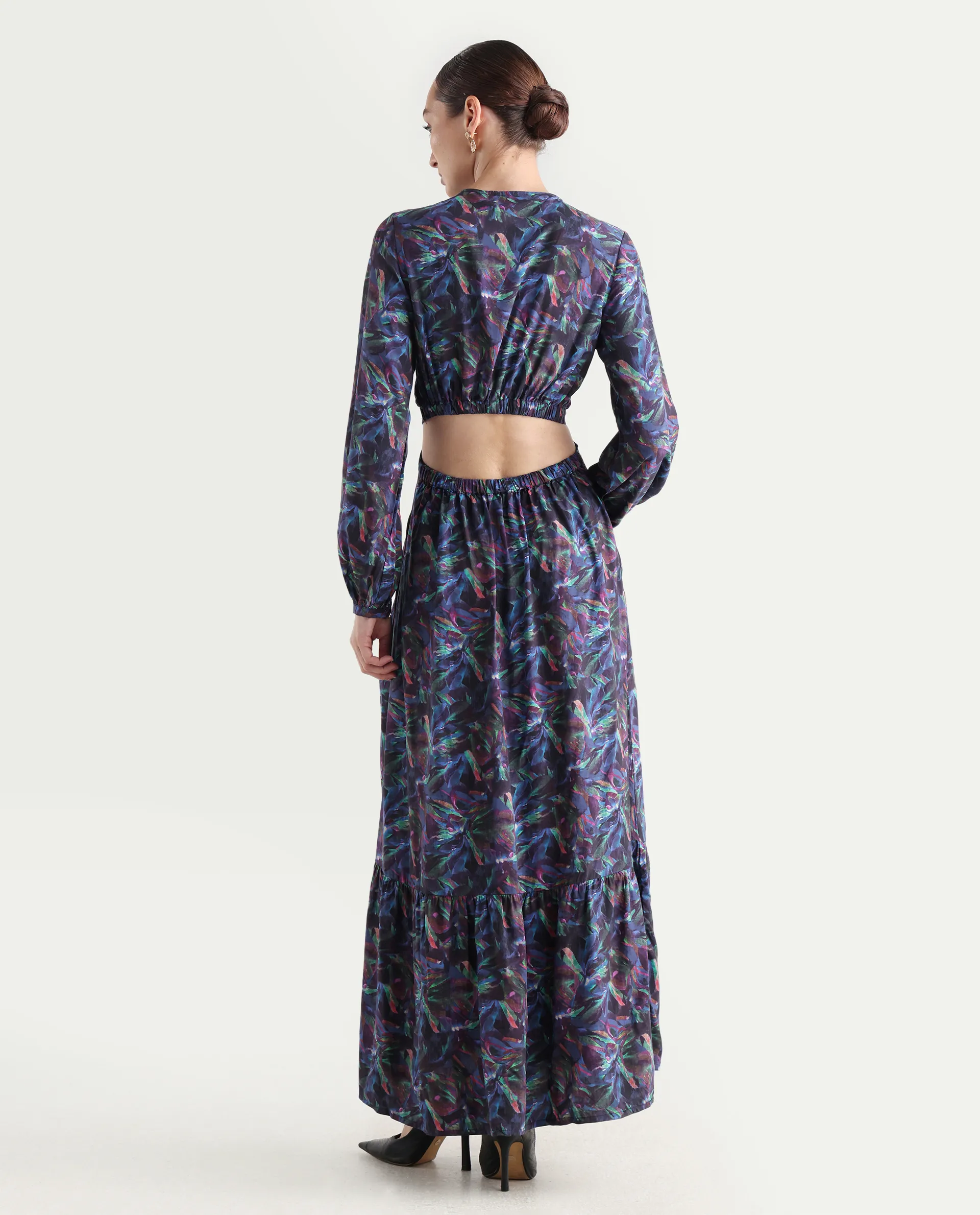 Rareism Women's Seppo Dark Multi Viscose Overlap Neck Abstract Print Bishop Sleeve Maxi Fit And Flare Dress - Image 8