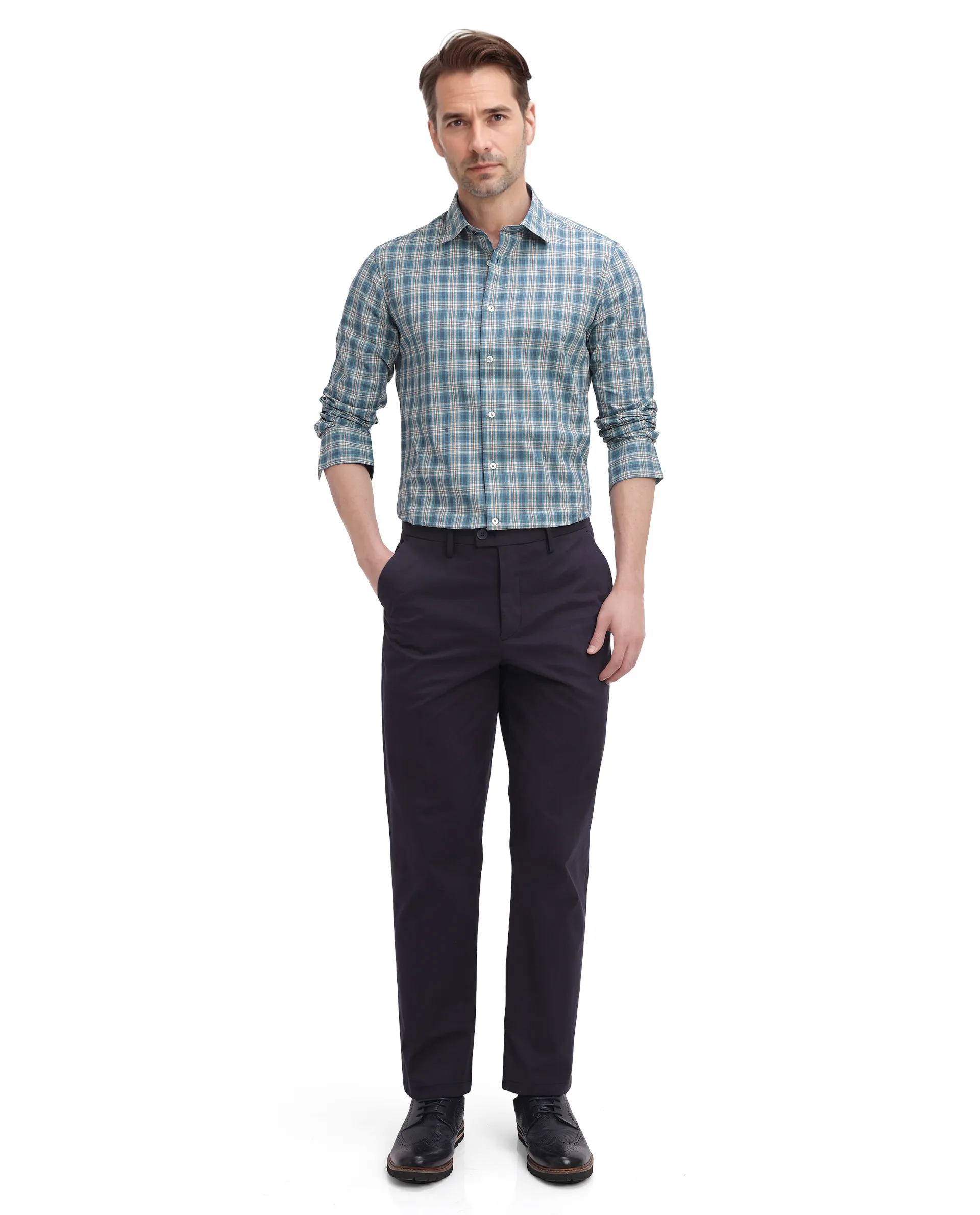 Rare Rabbit Men's Sept Turq Cotton Checked Print Regular Fit Full Sleeve Collared Shirt - Image 2