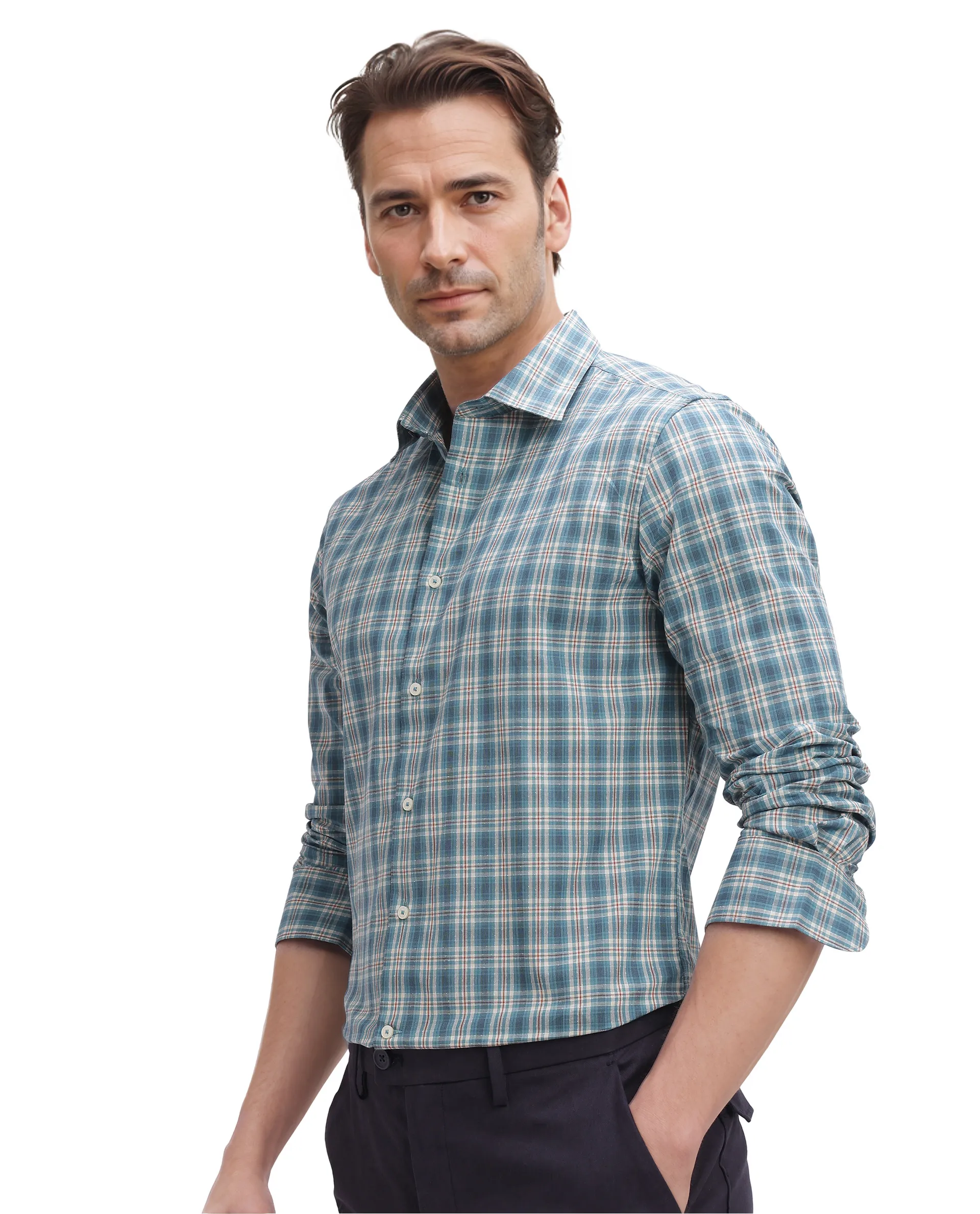 Rare Rabbit Men's Sept Turq Cotton Checked Print Regular Fit Full Sleeve Collared Shirt - Image 5