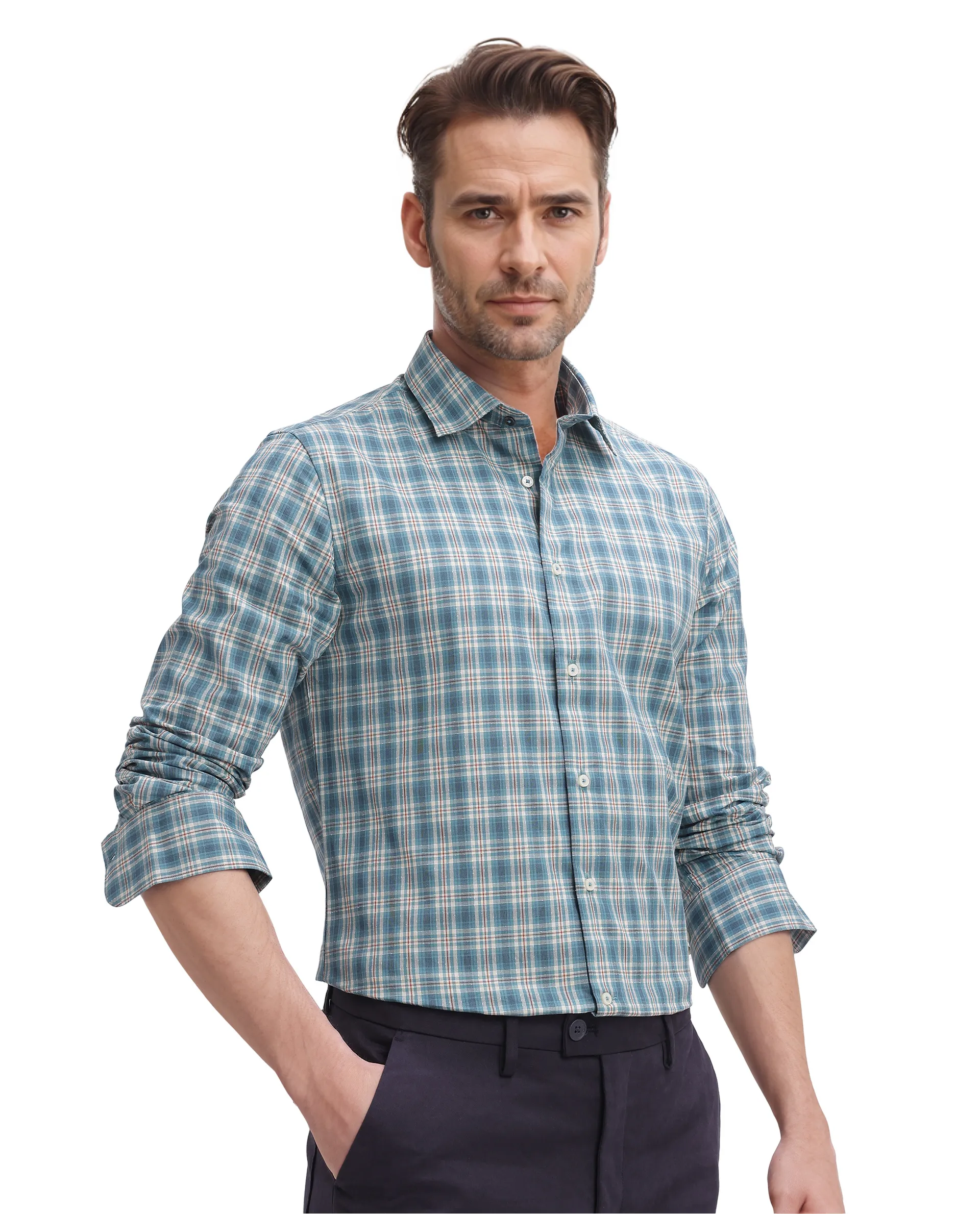 Rare Rabbit Men's Sept Turq Cotton Checked Print Regular Fit Full Sleeve Collared Shirt - Image 6