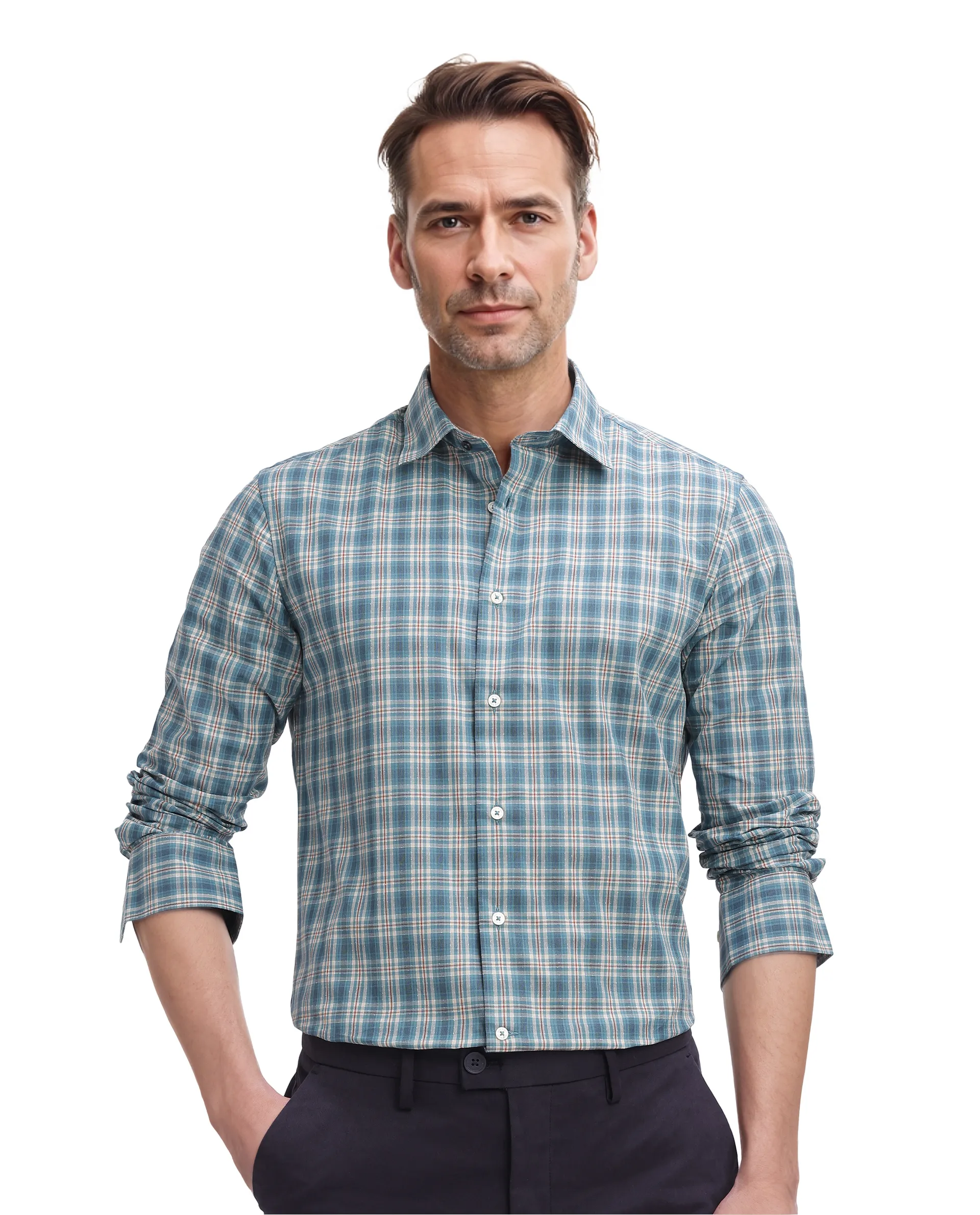 Rare Rabbit Men's Sept Turq Cotton Checked Print Regular Fit Full Sleeve Collared Shirt - Image 8