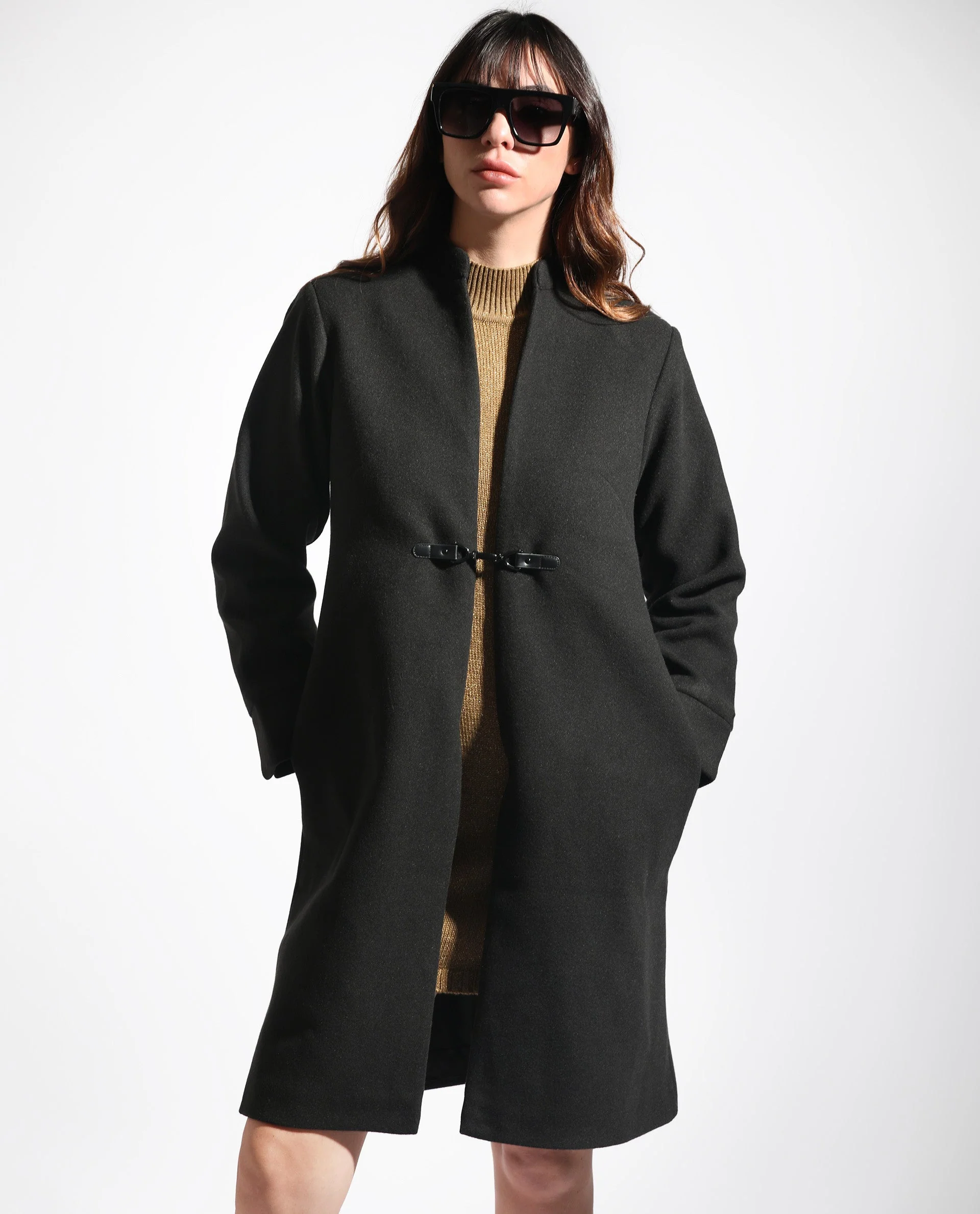 Rareism Women's Sera Black Polyester High Neck Plain Knee Length Regular Fit Jacket