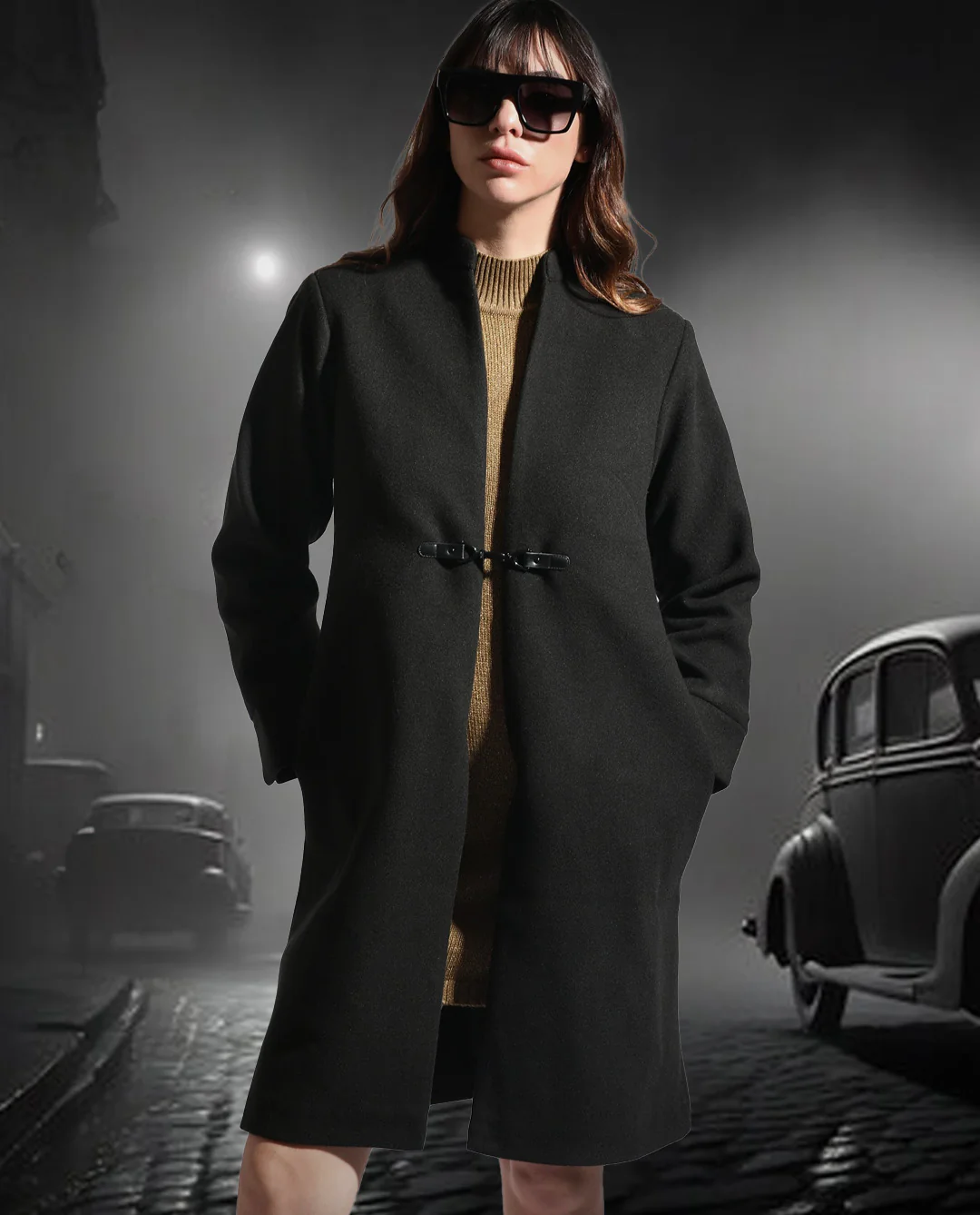 Rareism Women's Sera Black Polyester High Neck Plain Knee Length Regular Fit Jacket - Image 10