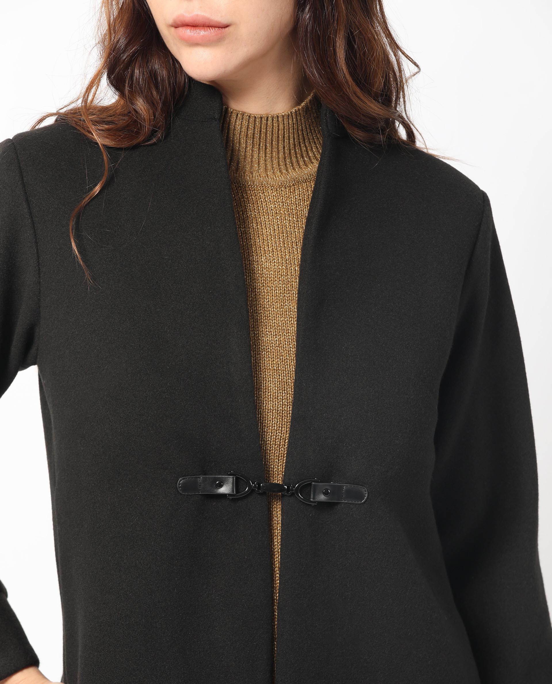 Rareism Women's Sera Black Polyester High Neck Plain Knee Length Regular Fit Jacket - Image 3
