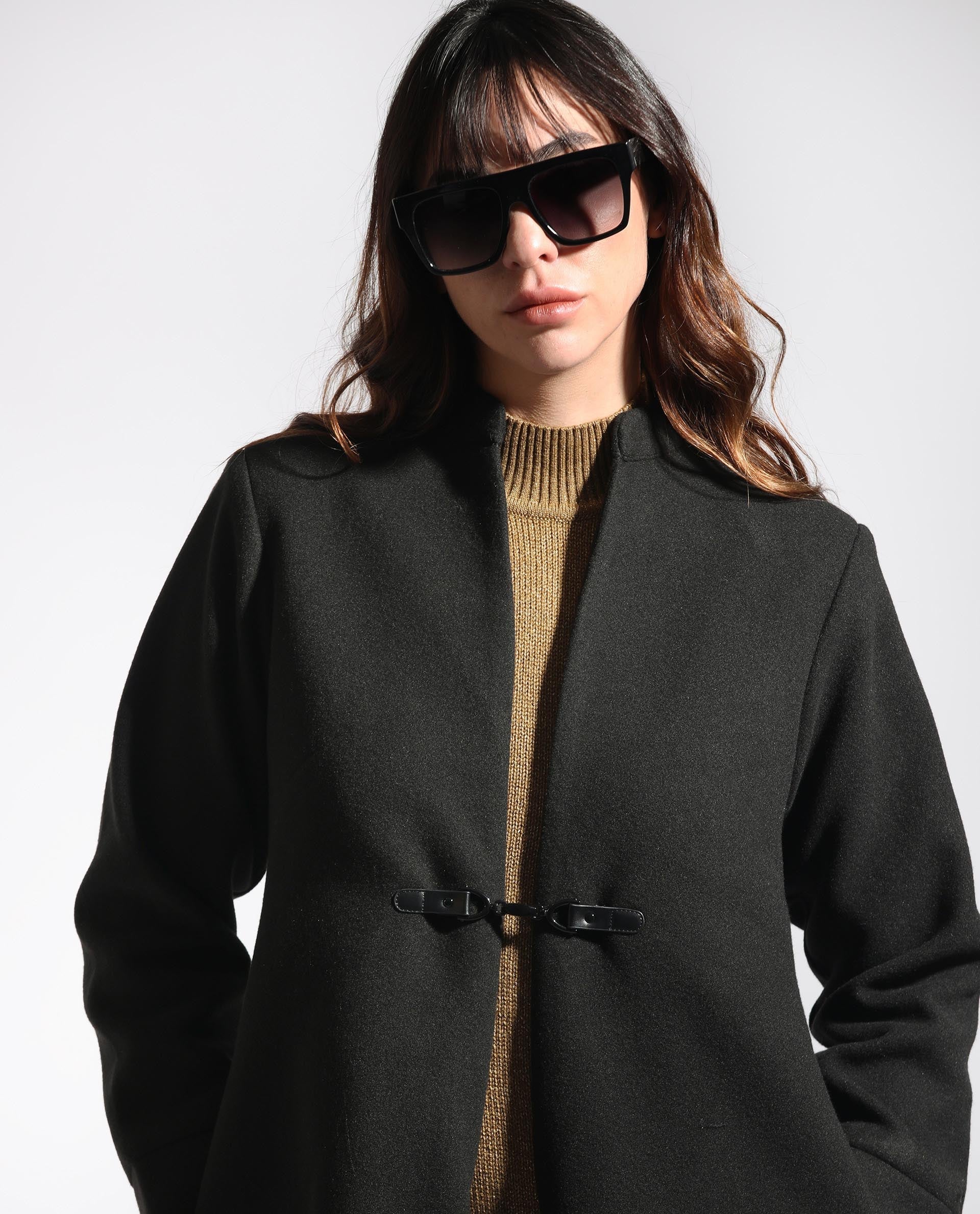 Rareism Women's Sera Black Polyester High Neck Plain Knee Length Regular Fit Jacket - Image 4