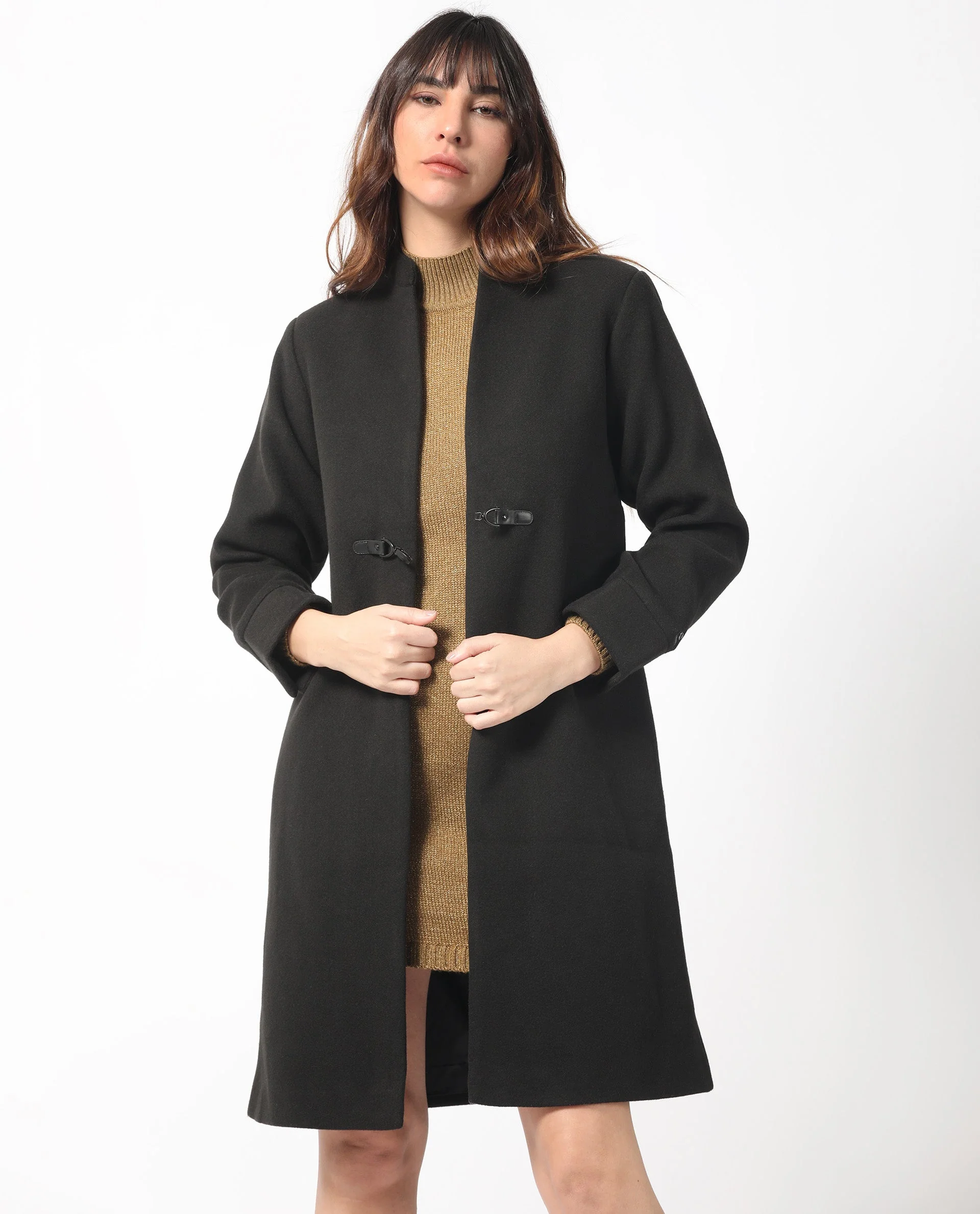 Rareism Women's Sera Black Polyester High Neck Plain Knee Length Regular Fit Jacket - Image 6