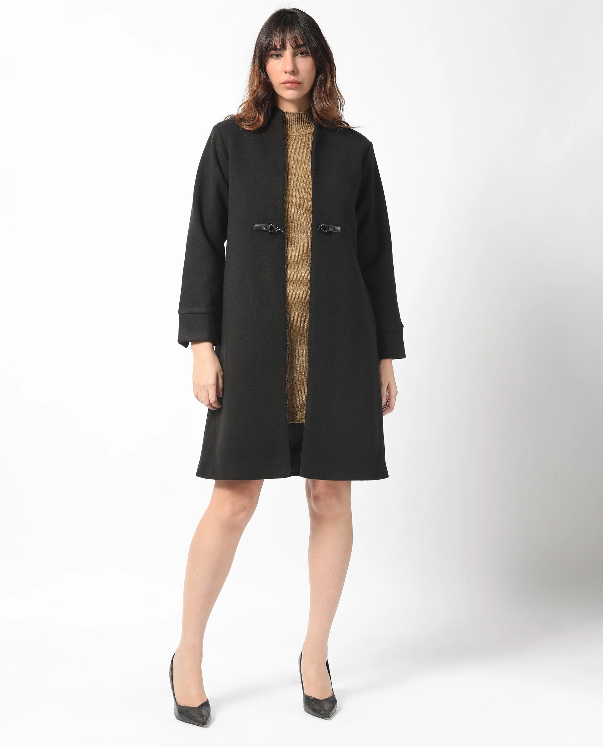 Rareism Women's Sera Black Polyester High Neck Plain Knee Length Regular Fit Jacket - Image 7