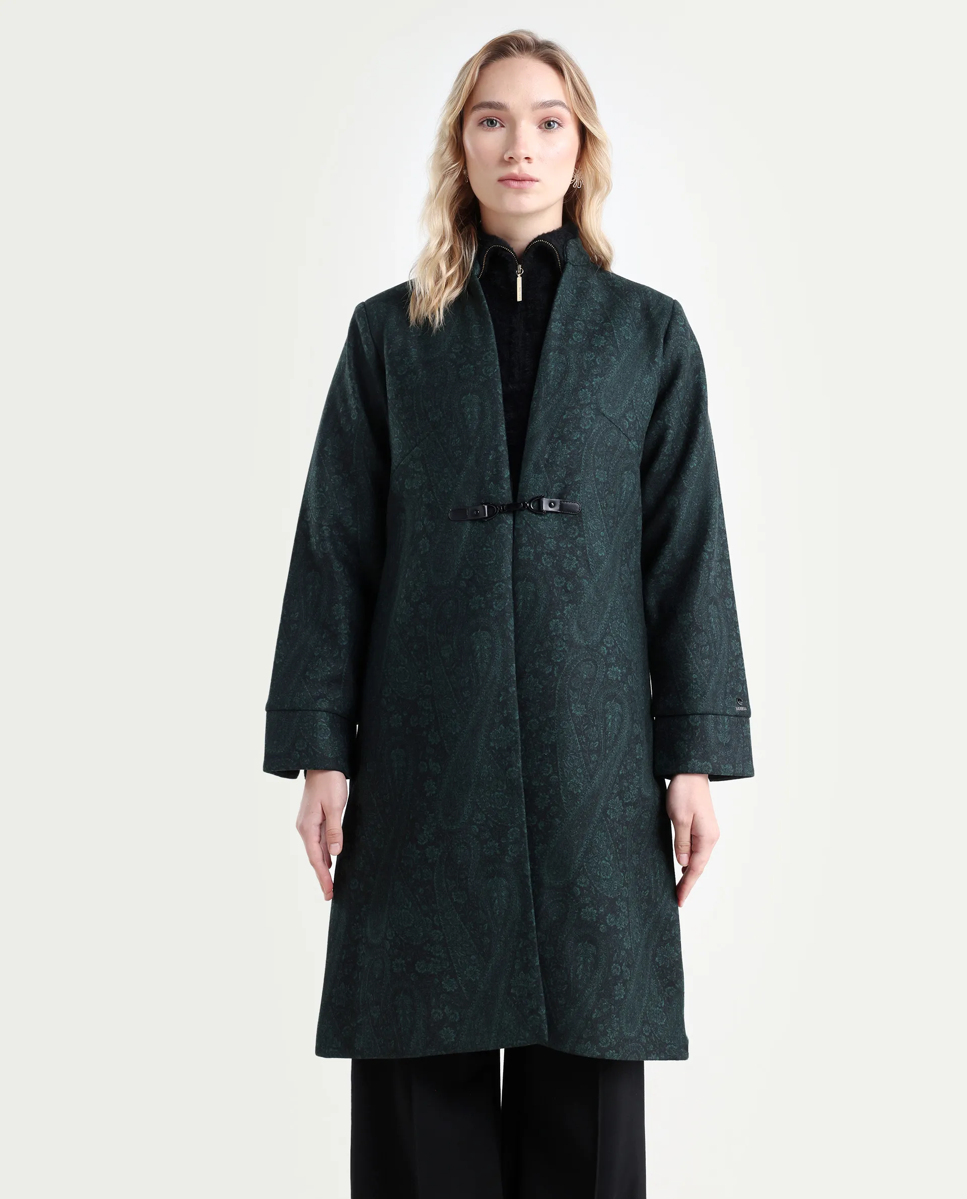 Rareism Women's Sera Green Polyester High Neck Paisley Print Knee Length Regular Fit Jacket - Image 3