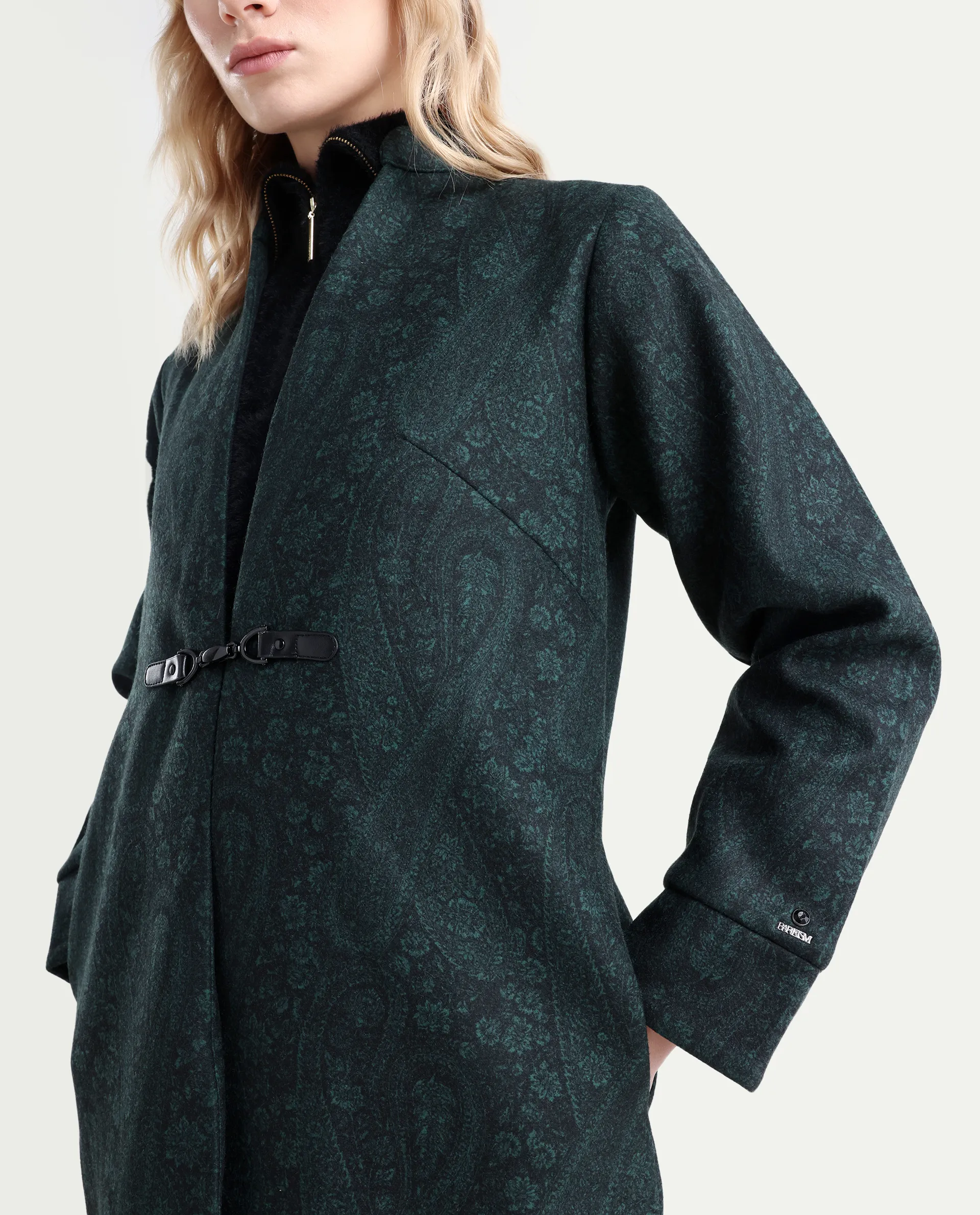 Rareism Women's Sera Green Polyester High Neck Paisley Print Knee Length Regular Fit Jacket - Image 4