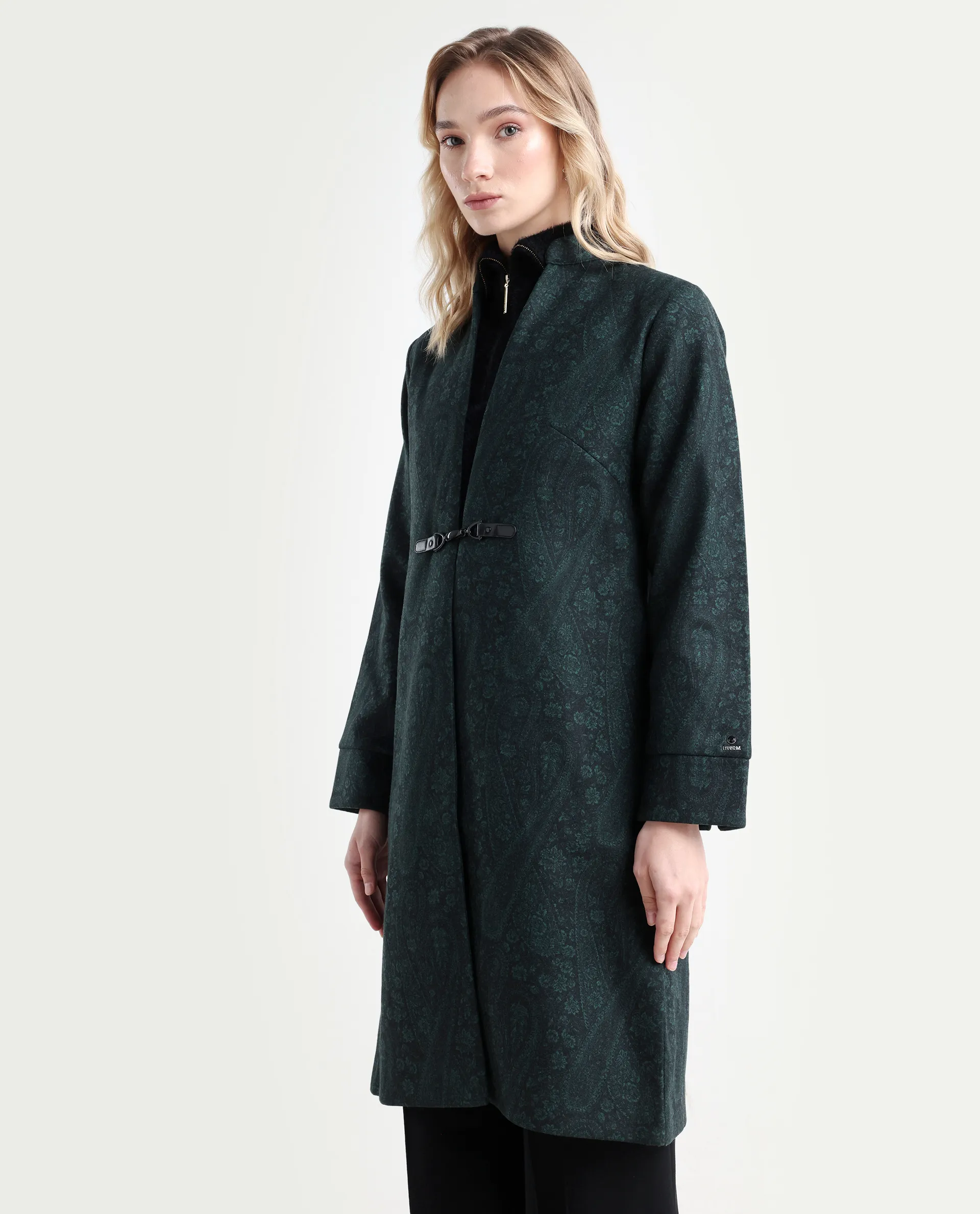 Rareism Women's Sera Green Polyester High Neck Paisley Print Knee Length Regular Fit Jacket - Image 5