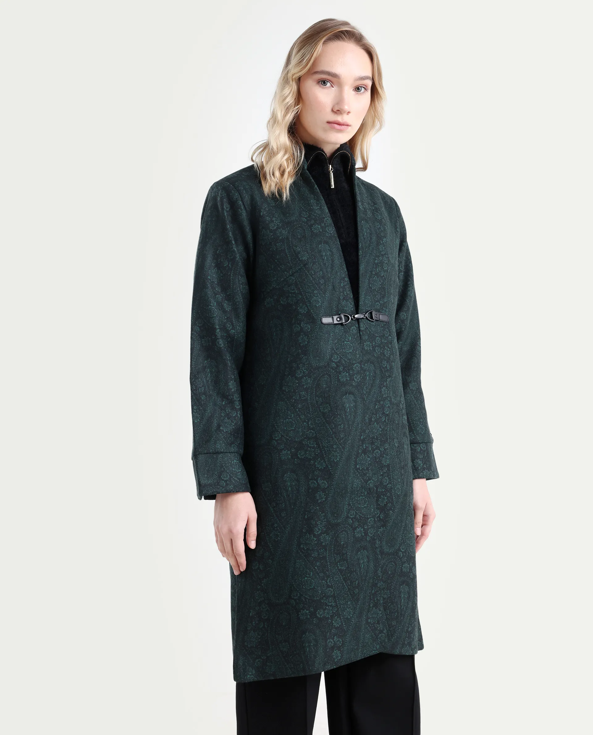 Rareism Women's Sera Green Polyester High Neck Paisley Print Knee Length Regular Fit Jacket - Image 6