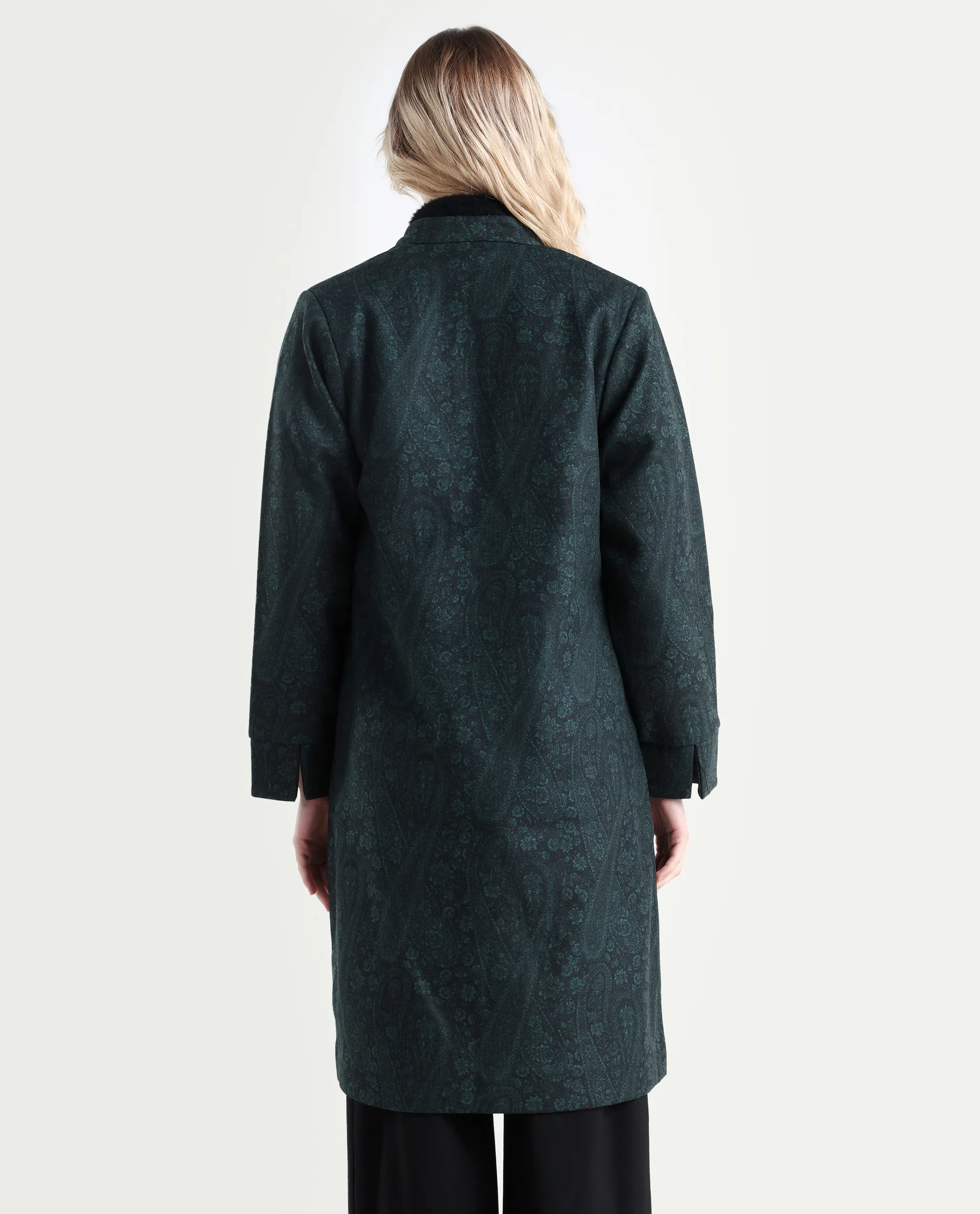 Rareism Women's Sera Green Polyester High Neck Paisley Print Knee Length Regular Fit Jacket - Image 7