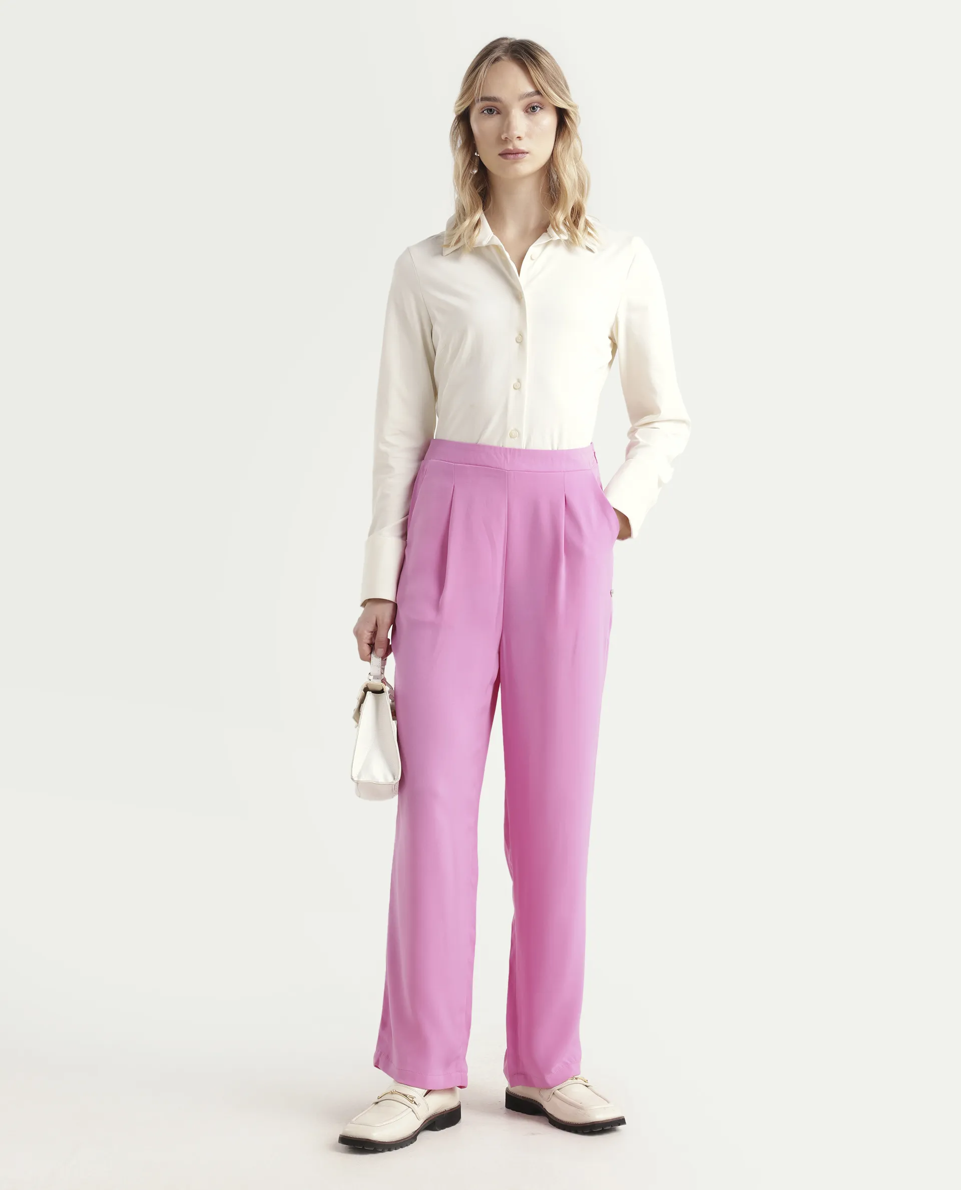 Rareism Women's Serbay-B Pink Polyester Plain Ankle Length Straight Fit Trouser