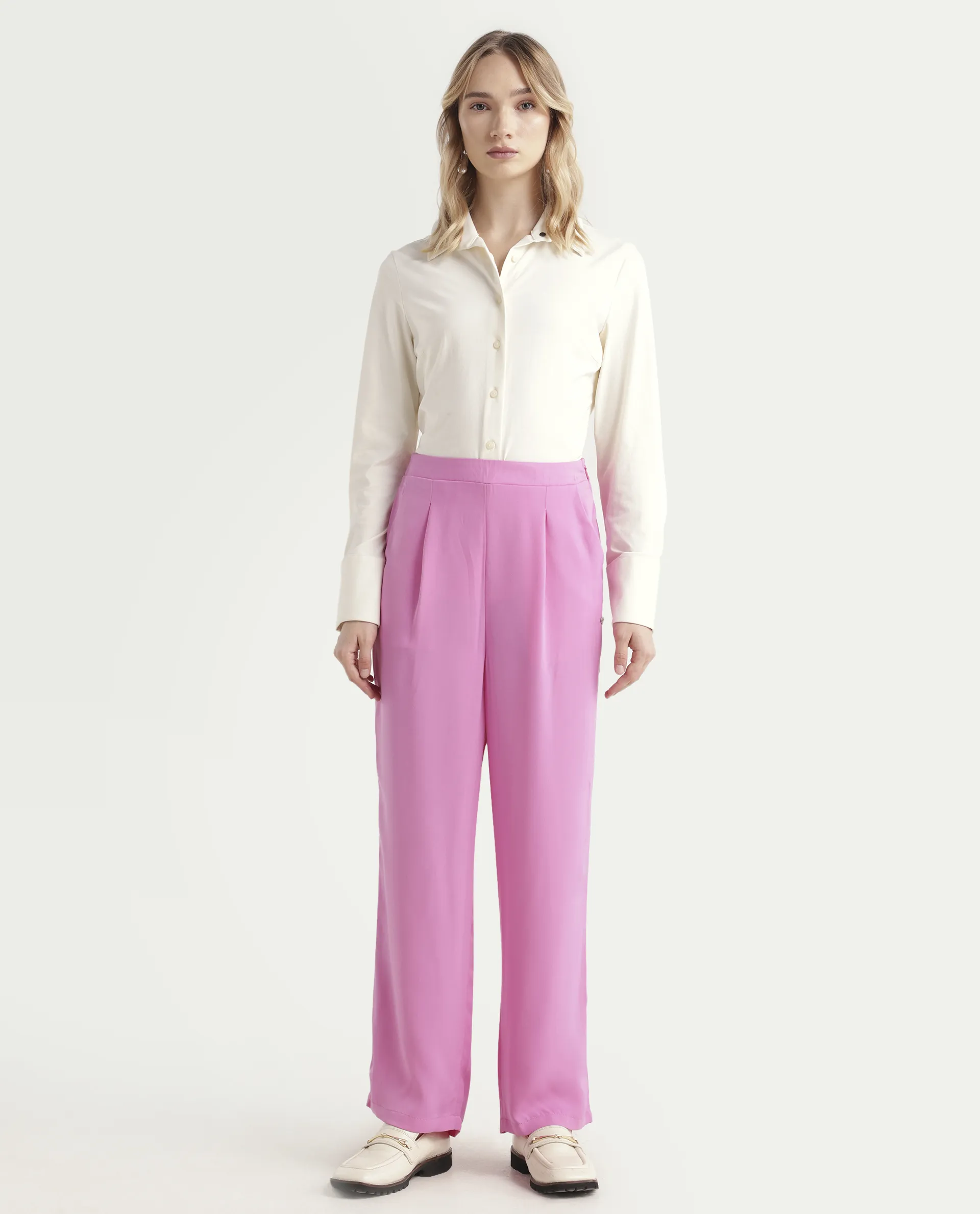 Rareism Women's Serbay-B Pink Polyester Plain Ankle Length Straight Fit Trouser - Image 2
