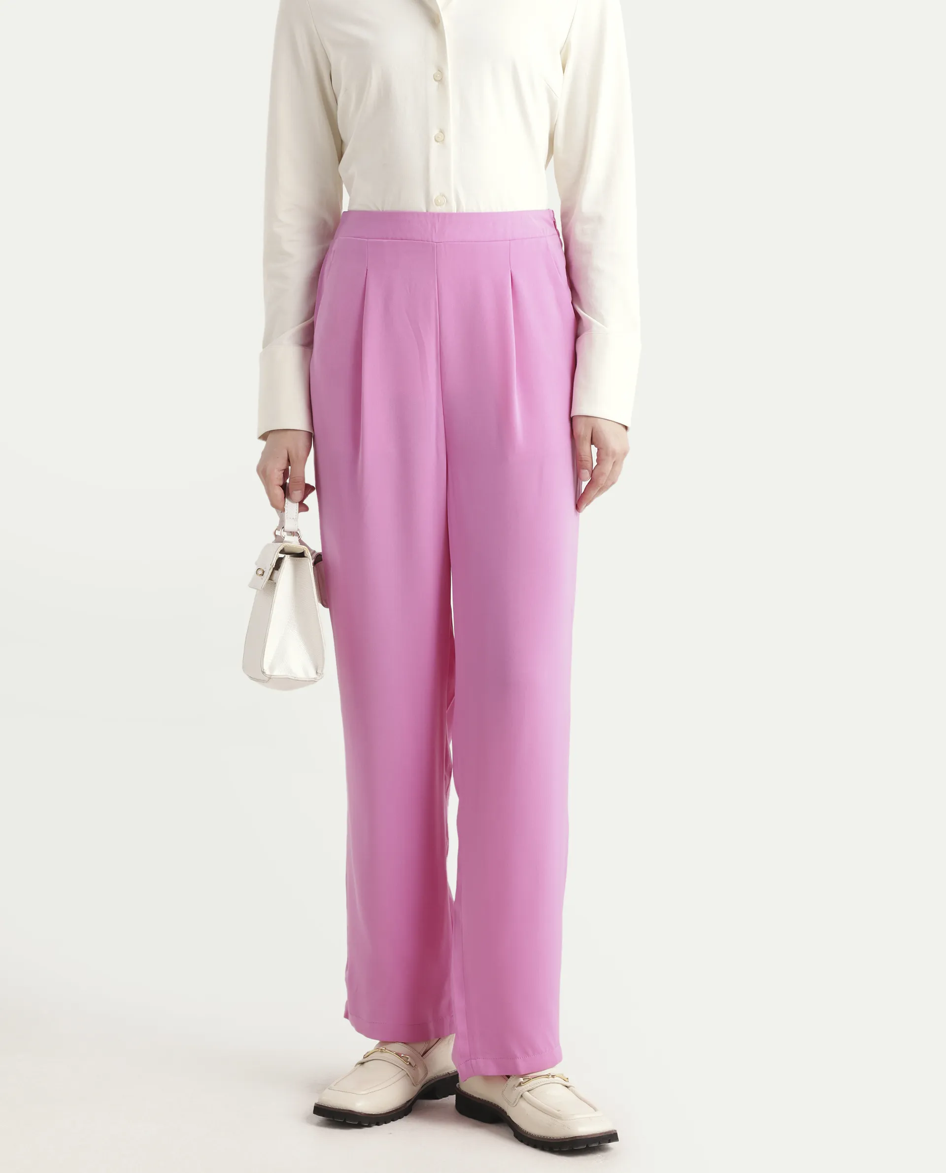 Rareism Women's Serbay-B Pink Polyester Plain Ankle Length Straight Fit Trouser - Image 3