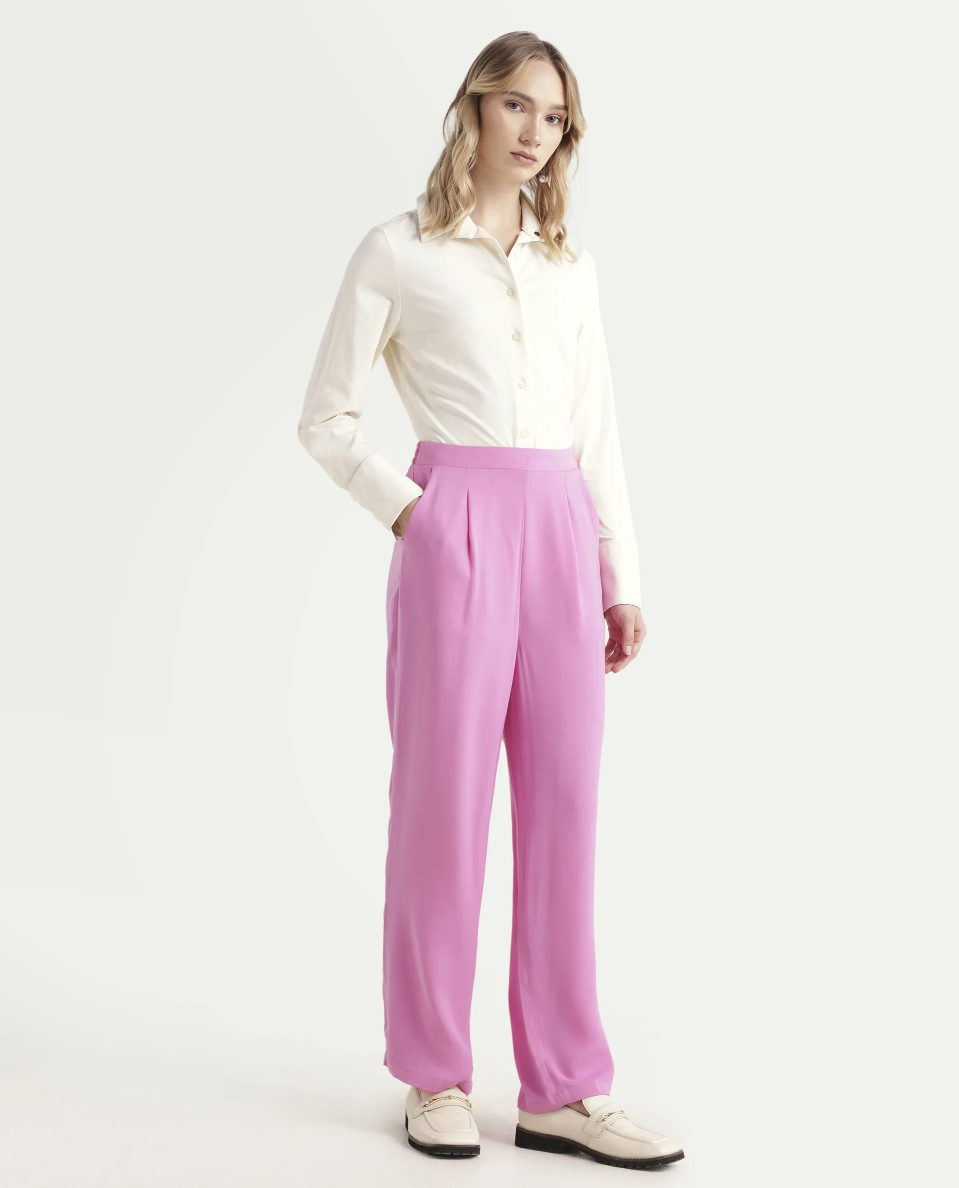Rareism Women's Serbay-B Pink Polyester Plain Ankle Length Straight Fit Trouser - Image 5