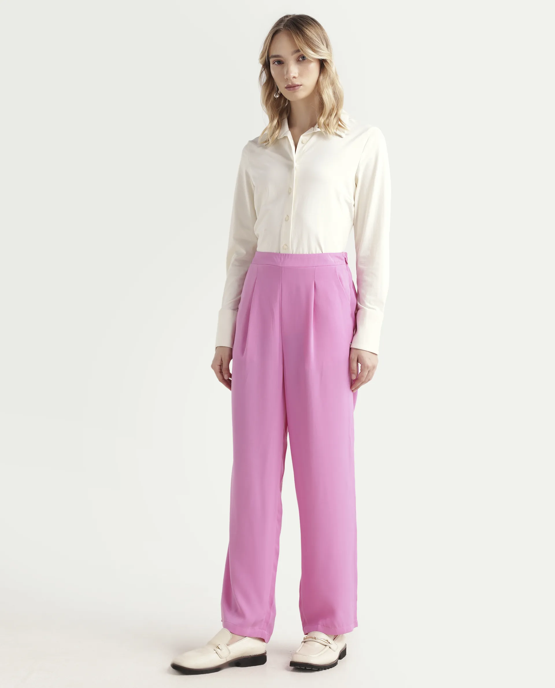 Rareism Women's Serbay-B Pink Polyester Plain Ankle Length Straight Fit Trouser - Image 6