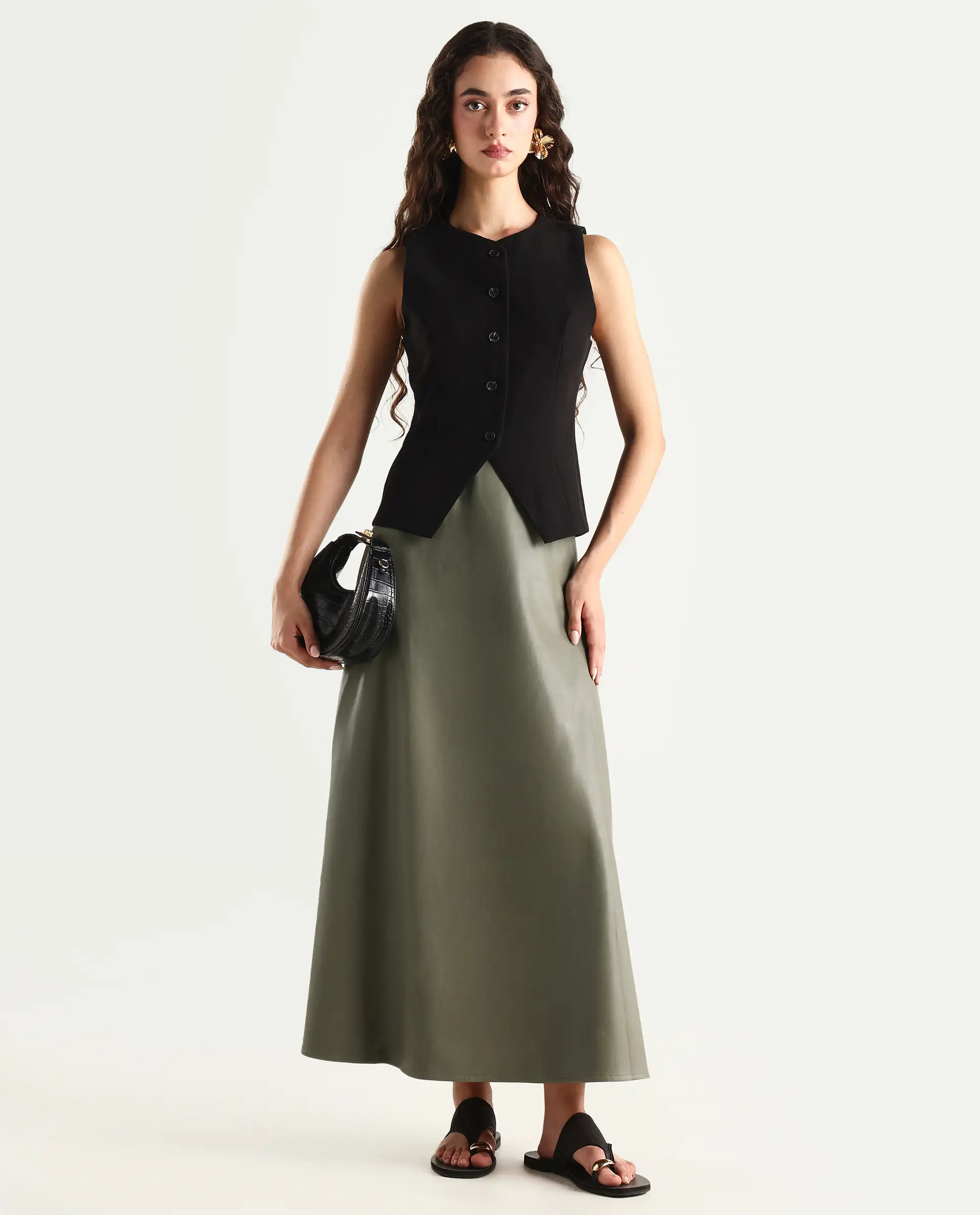 Rareism Women's Serdo Olive Polyester Dyed Midi Flared Skirt
