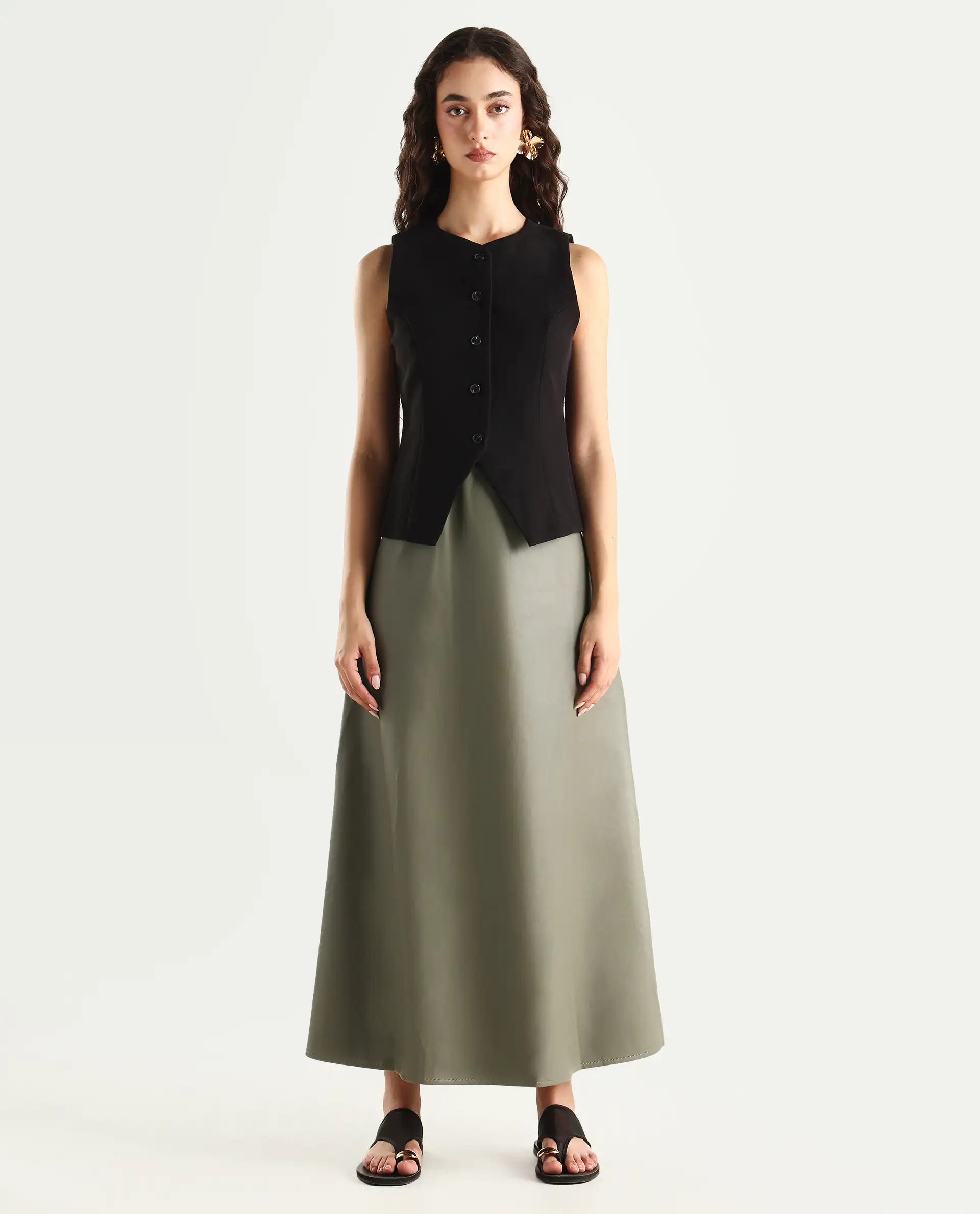 Rareism Women's Serdo Olive Polyester Dyed Midi Flared Skirt - Image 2