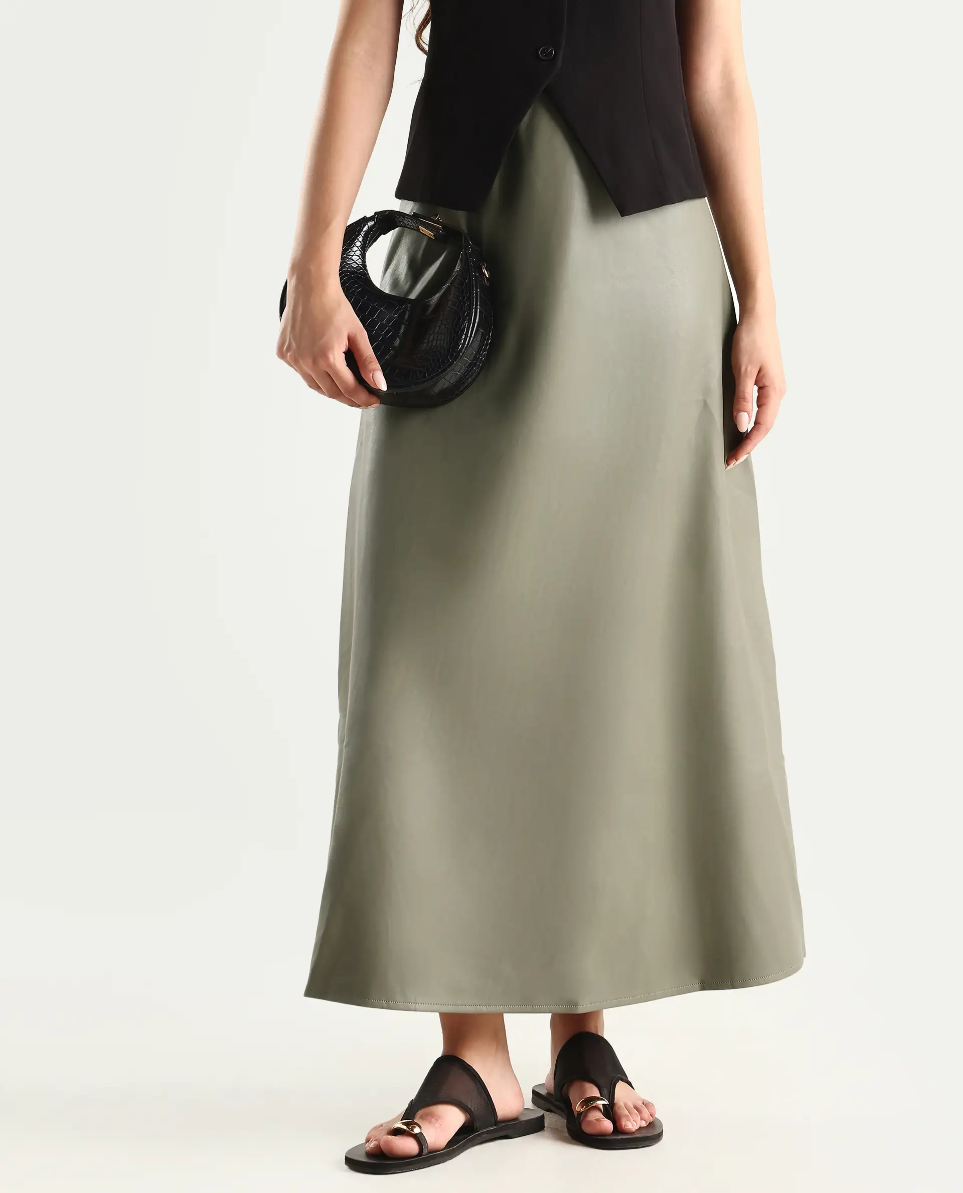 Rareism Women's Serdo Olive Polyester Dyed Midi Flared Skirt - Image 3