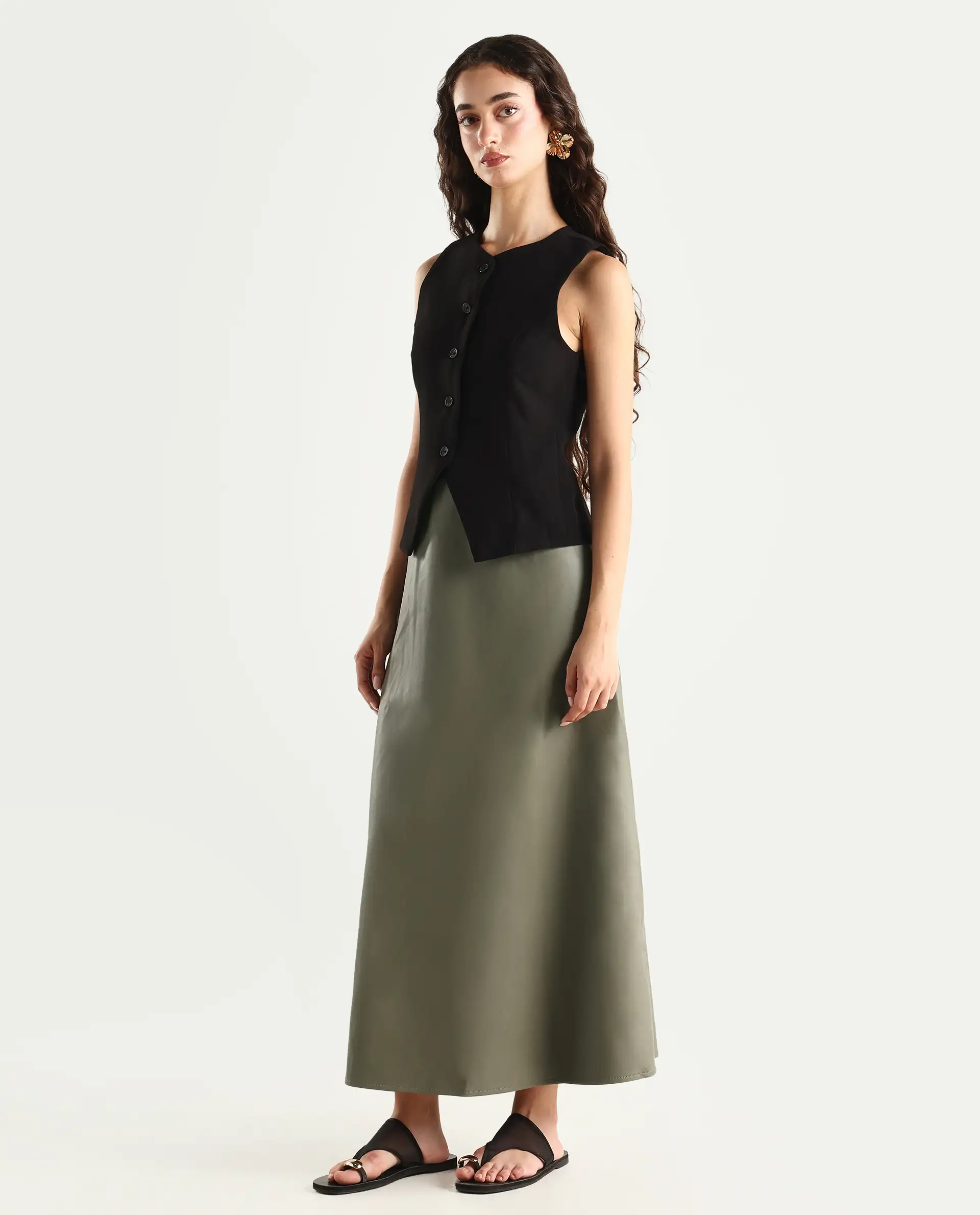 Rareism Women's Serdo Olive Polyester Dyed Midi Flared Skirt - Image 5