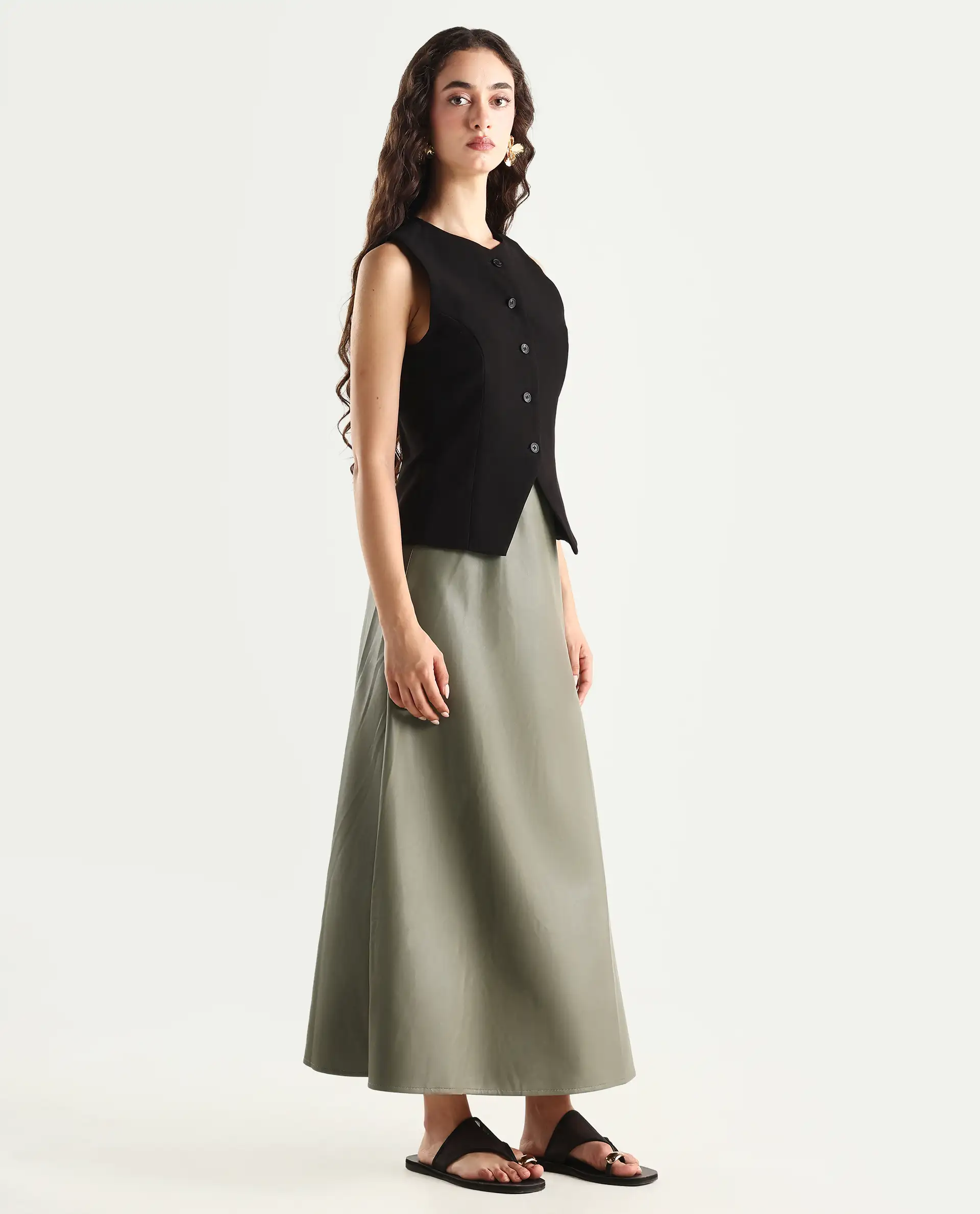 Rareism Women's Serdo Olive Polyester Dyed Midi Flared Skirt - Image 6