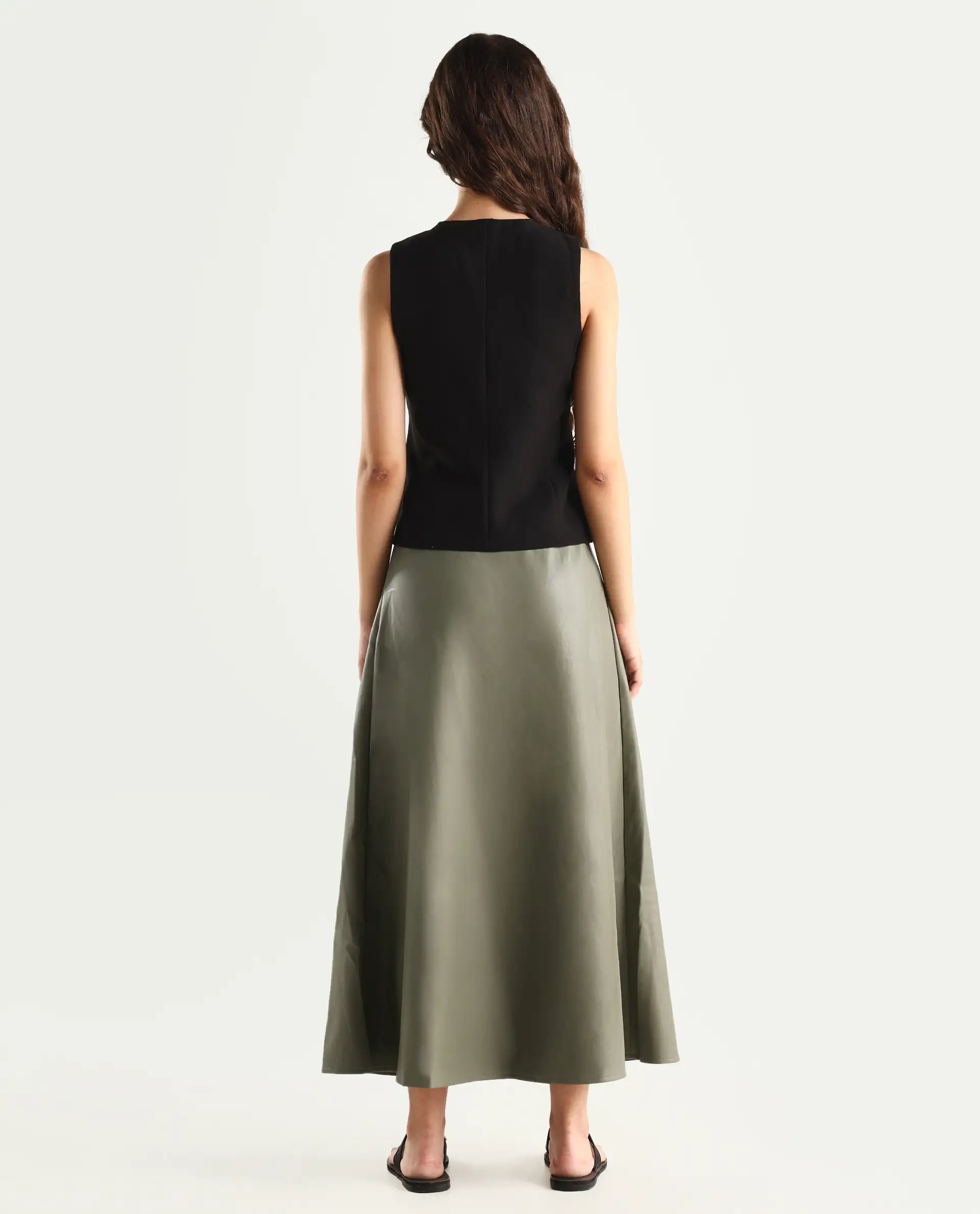 Rareism Women's Serdo Olive Polyester Dyed Midi Flared Skirt - Image 7