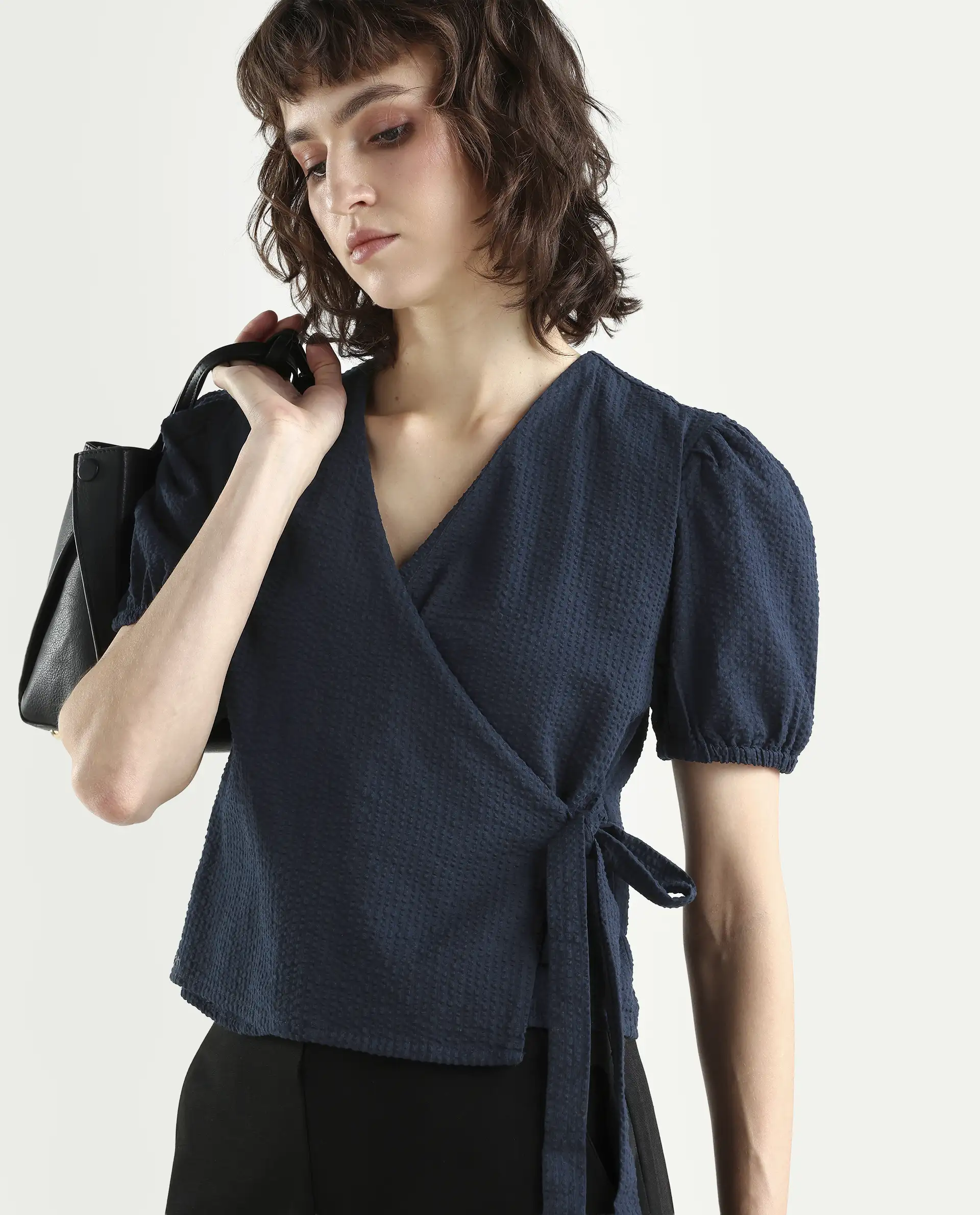Rareism Women's Serem Navy Cotton V-Neck Plain Bishop Sleeve Regular Fit Top