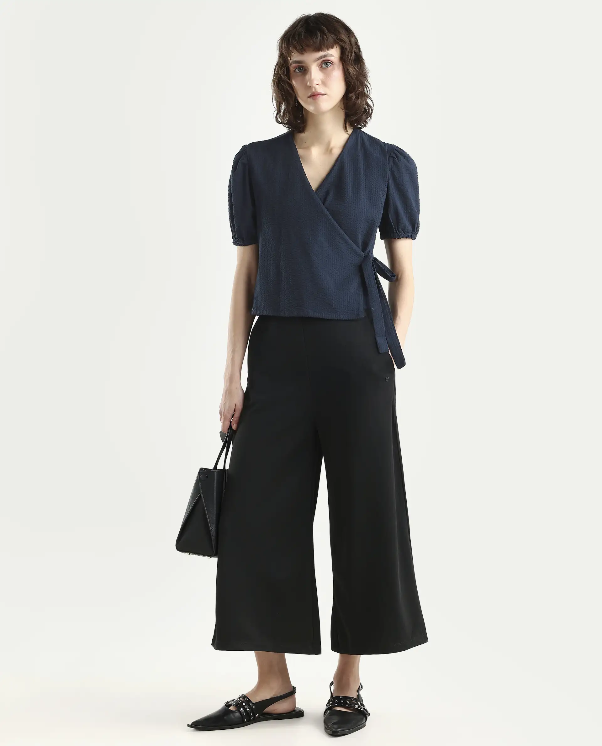 Rareism Women's Serem Navy Cotton V-Neck Plain Bishop Sleeve Regular Fit Top - Image 2