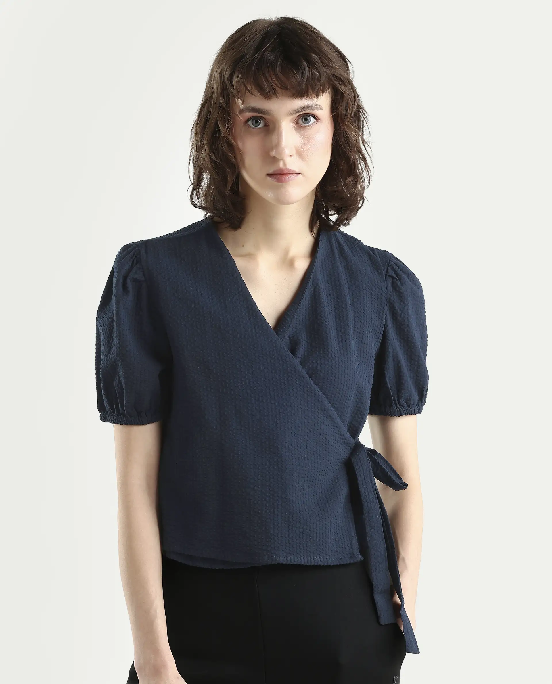Rareism Women's Serem Navy Cotton V-Neck Plain Bishop Sleeve Regular Fit Top - Image 3